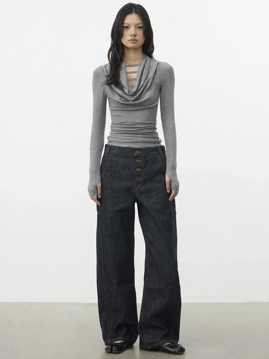 AFTADAWN V-Neck Hollow-Out Slim Fit Long Sleeve Top T-shirt