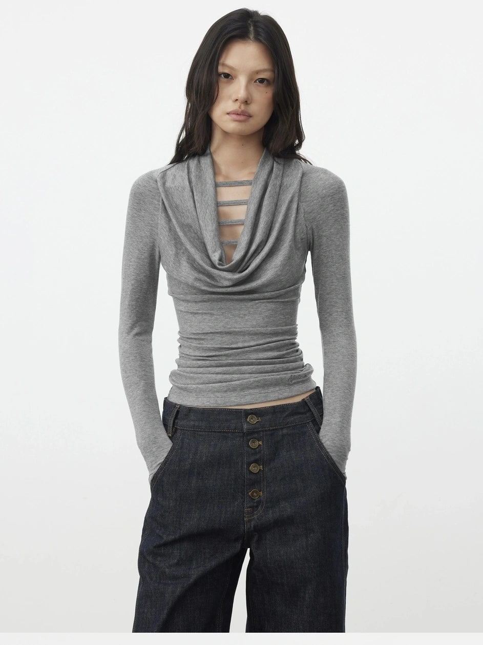 AFTADAWN V-Neck Hollow-Out Slim Fit Long Sleeve Top T-shirt