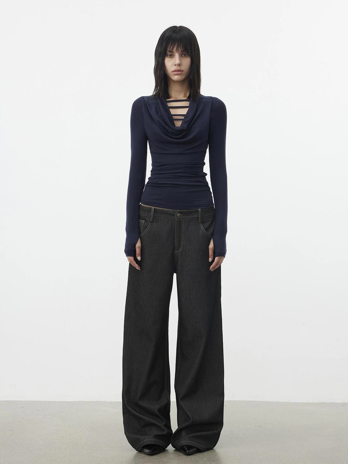 AFTADAWN V-Neck Hollow-Out Slim Fit Long Sleeve Top T-shirt