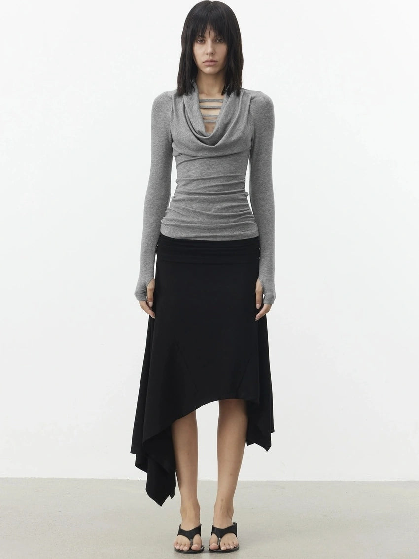 AFTADAWN V-Neck Hollow-Out Slim Fit Long Sleeve Top T-shirt