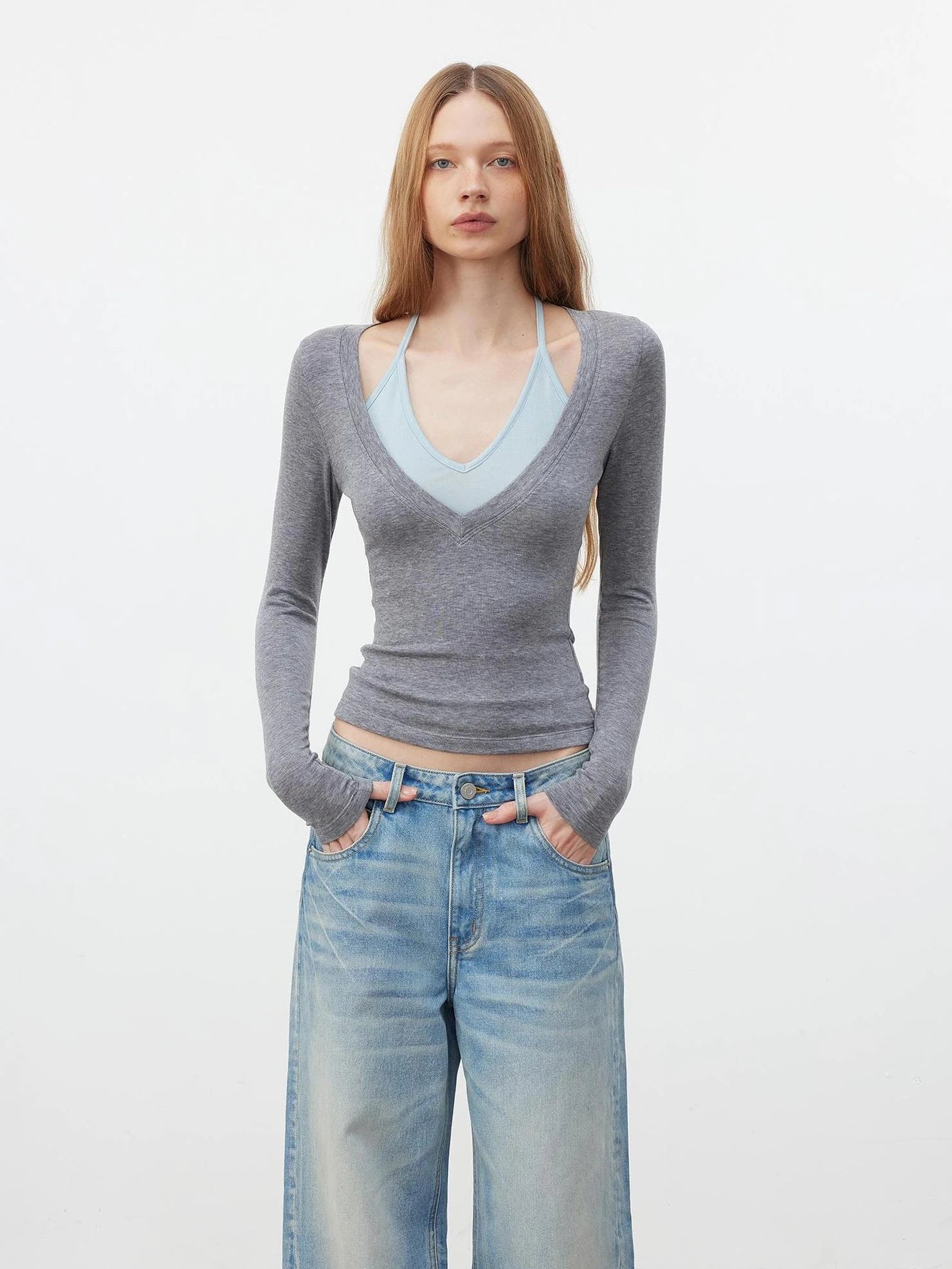 AFTADAWN V-Neck Layered Lyocell Merino Wool Top T-shirt