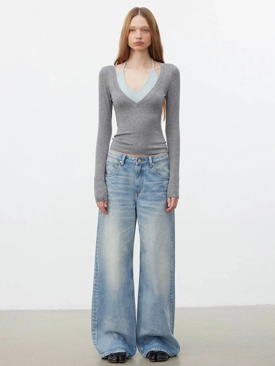 AFTADAWN V-Neck Layered Lyocell Merino Wool Top T-shirt