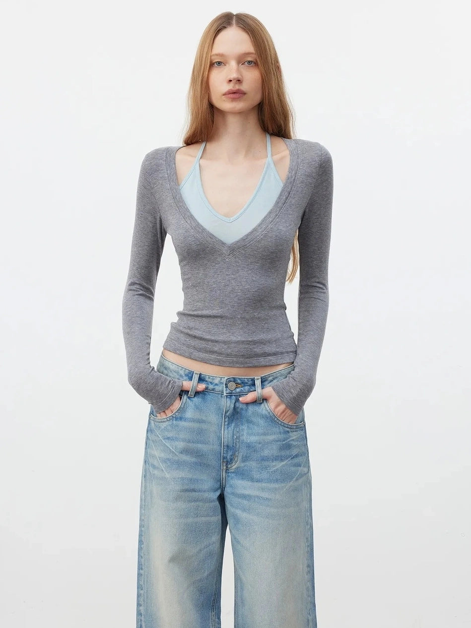 AFTADAWN V-Neck Layered Lyocell Merino Wool Top T-shirt