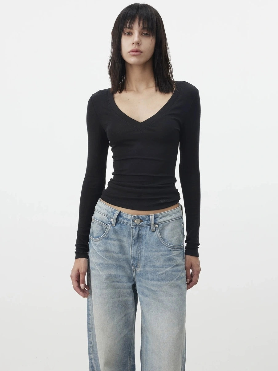 AFTADAWN V-Neck Pleated Waist Tencel Wool Top T-shirt