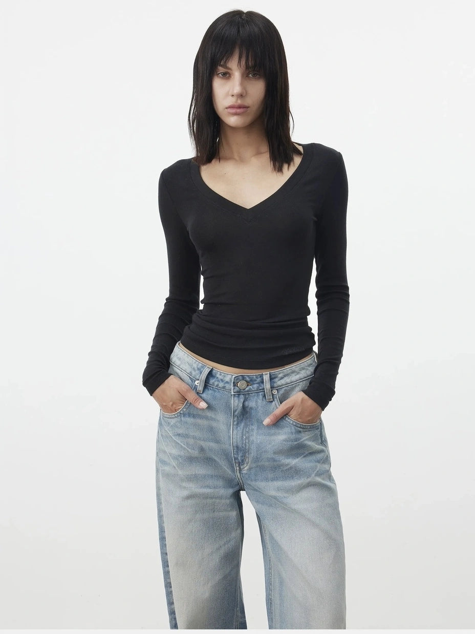 AFTADAWN V-Neck Pleated Waist Tencel Wool Top T-shirt