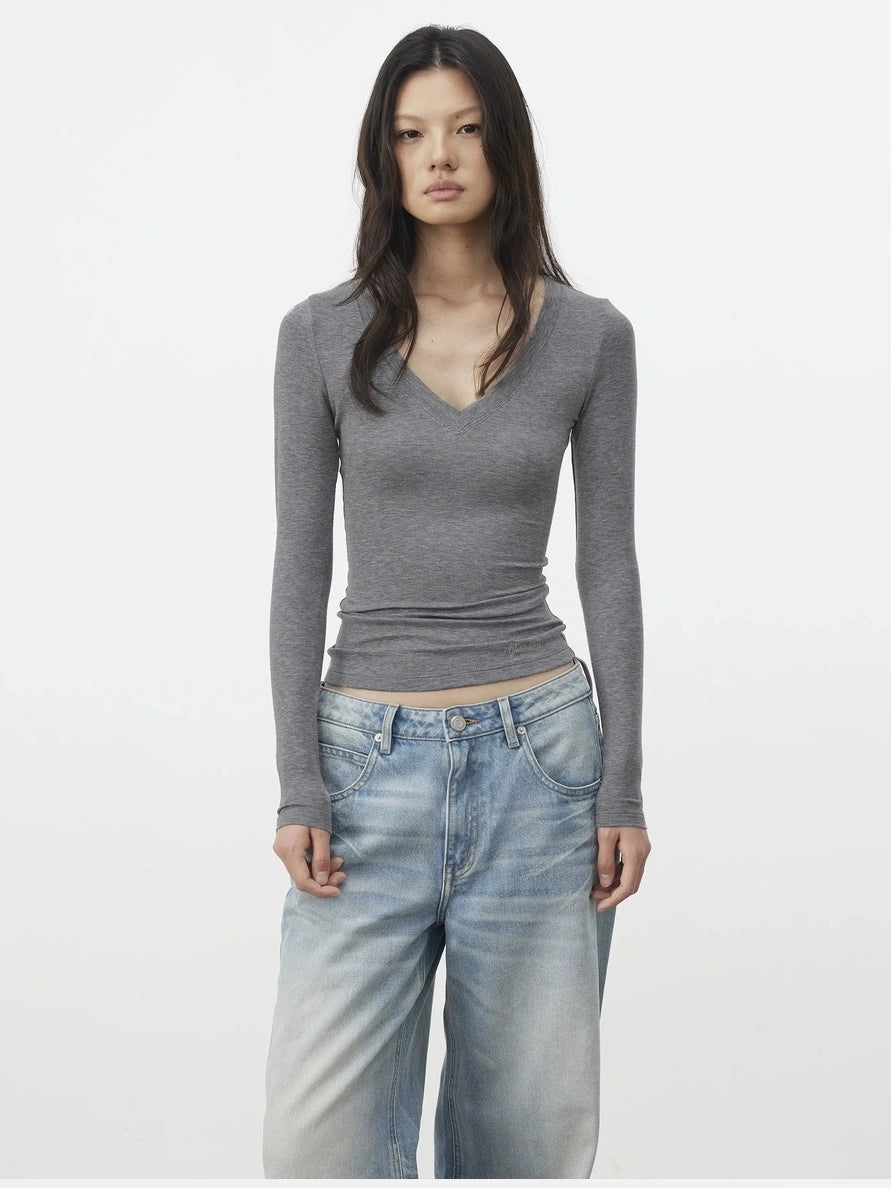 AFTADAWN V-Neck Pleated Waist Tencel Wool Top T-shirt