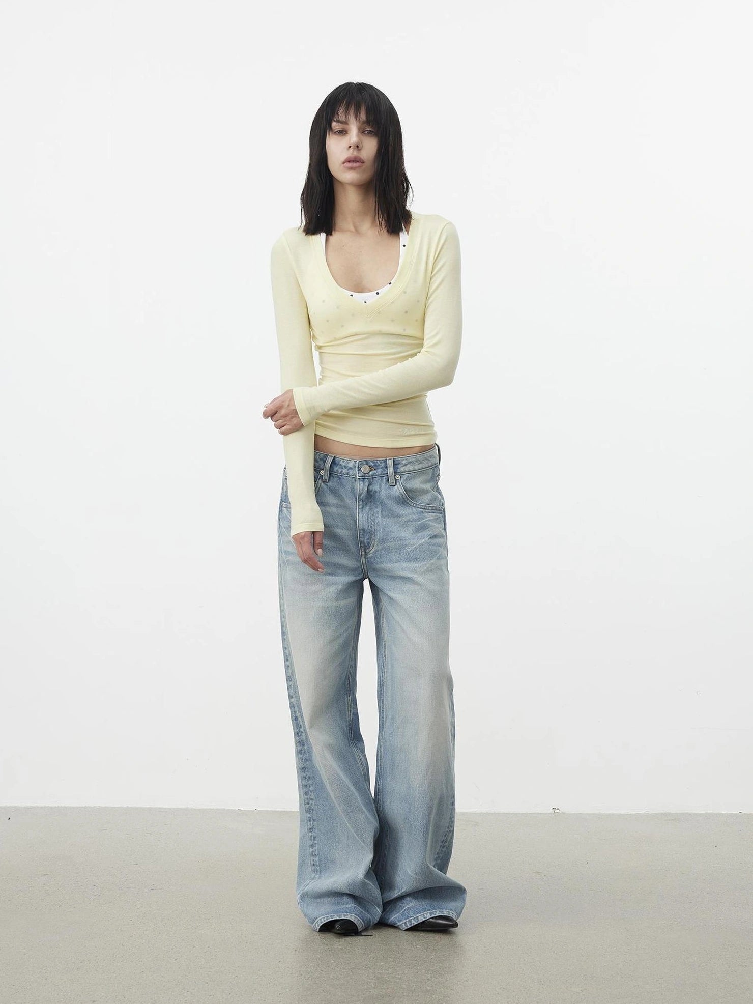 AFTADAWN V-Neck Pleated Waist Tencel Wool Top T-shirt