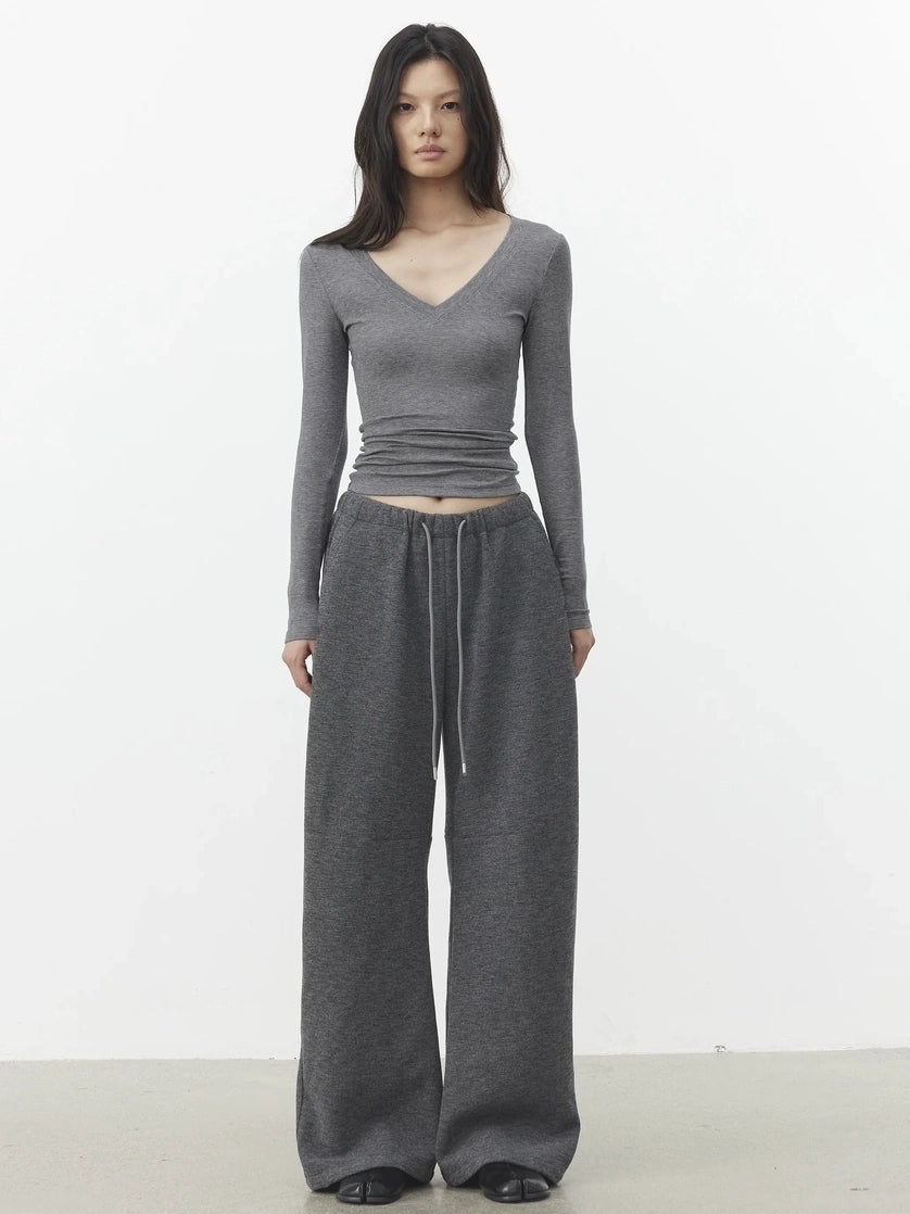 AFTADAWN V-Neck Pleated Waist Tencel Wool Top T-shirt