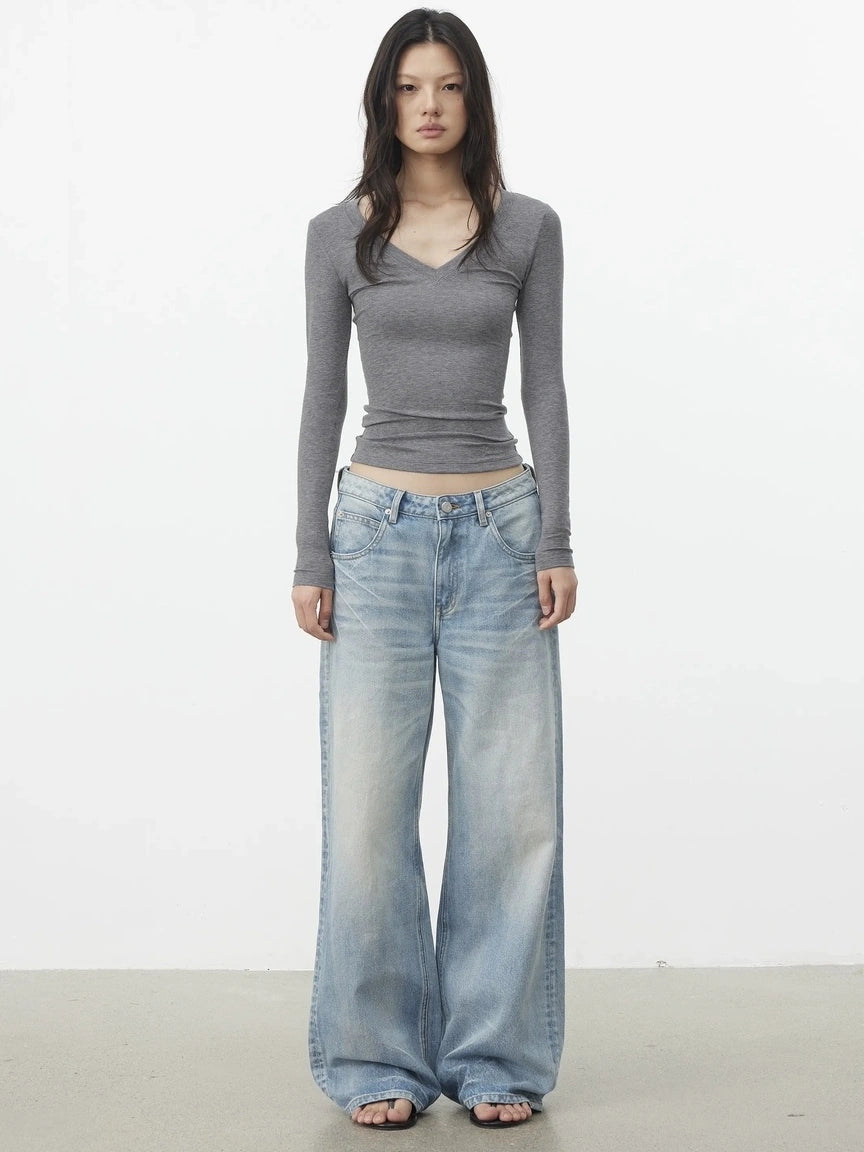 AFTADAWN V-Neck Pleated Waist Tencel Wool Top T-shirt