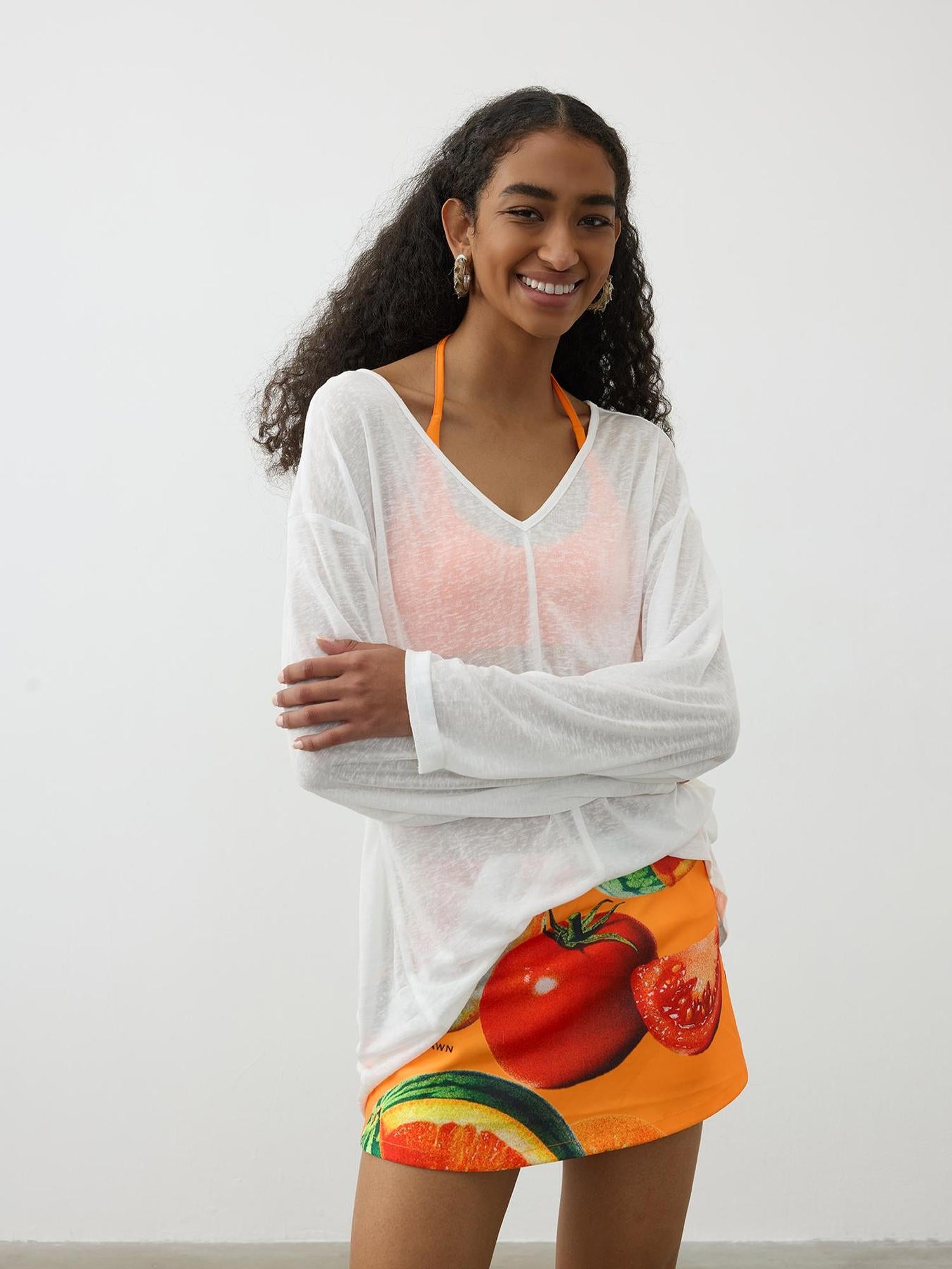 AFTADAWN V-Neck Snowflake Textured Sun Protection Tunic Top