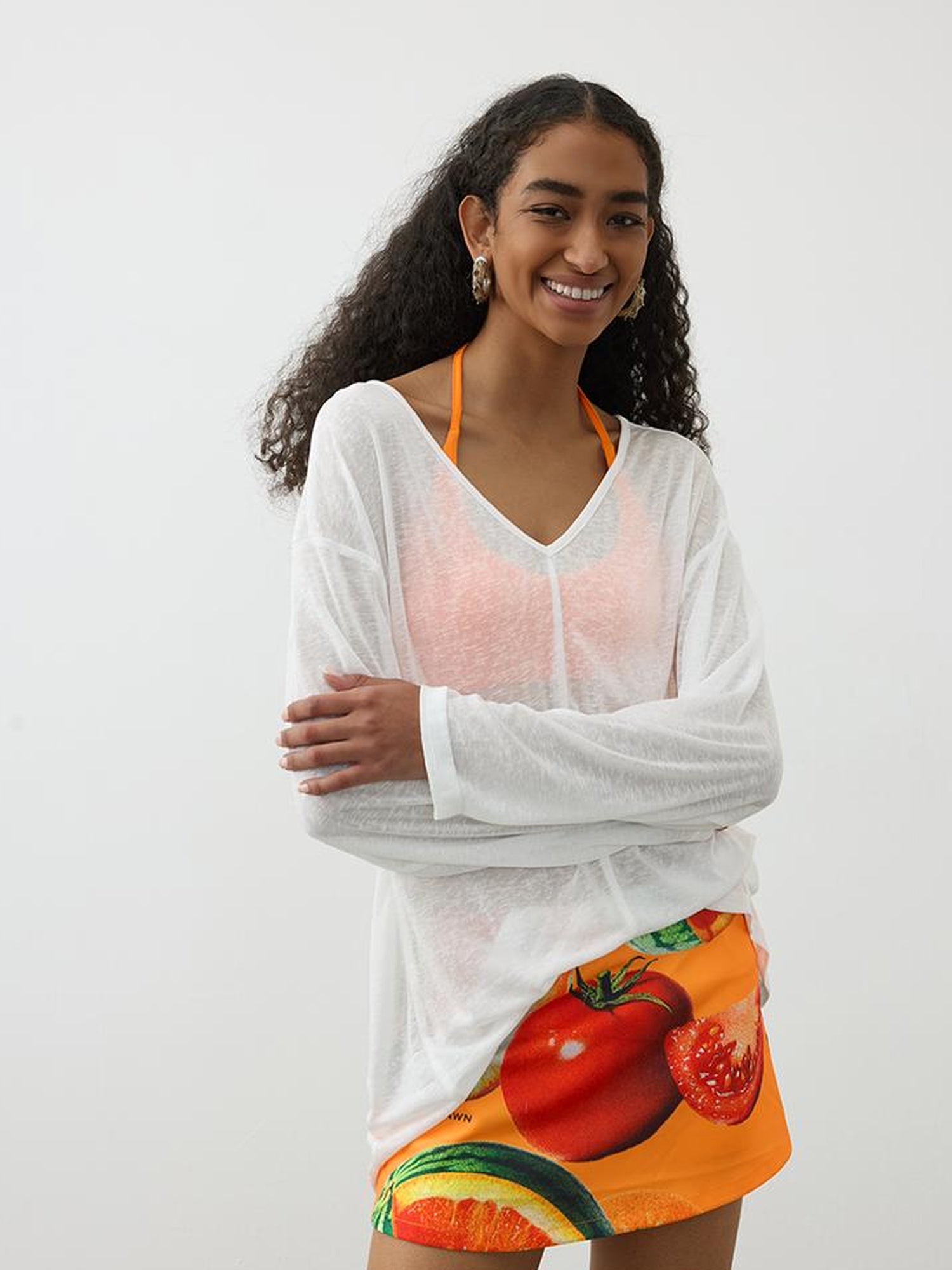 AFTADAWN V-Neck Snowflake Textured Sun Protection Tunic Top