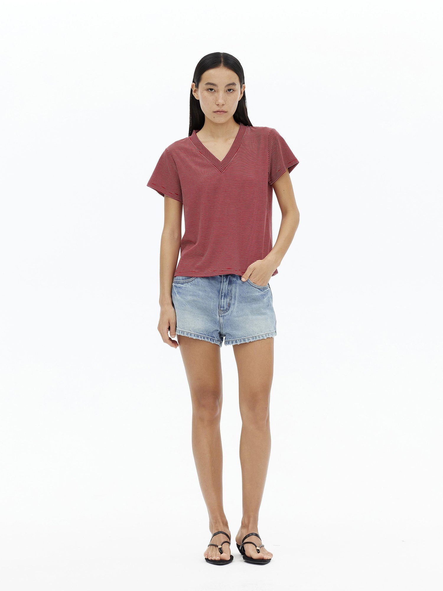 AFTADAWN V-Neck Striped Lyocell Tee