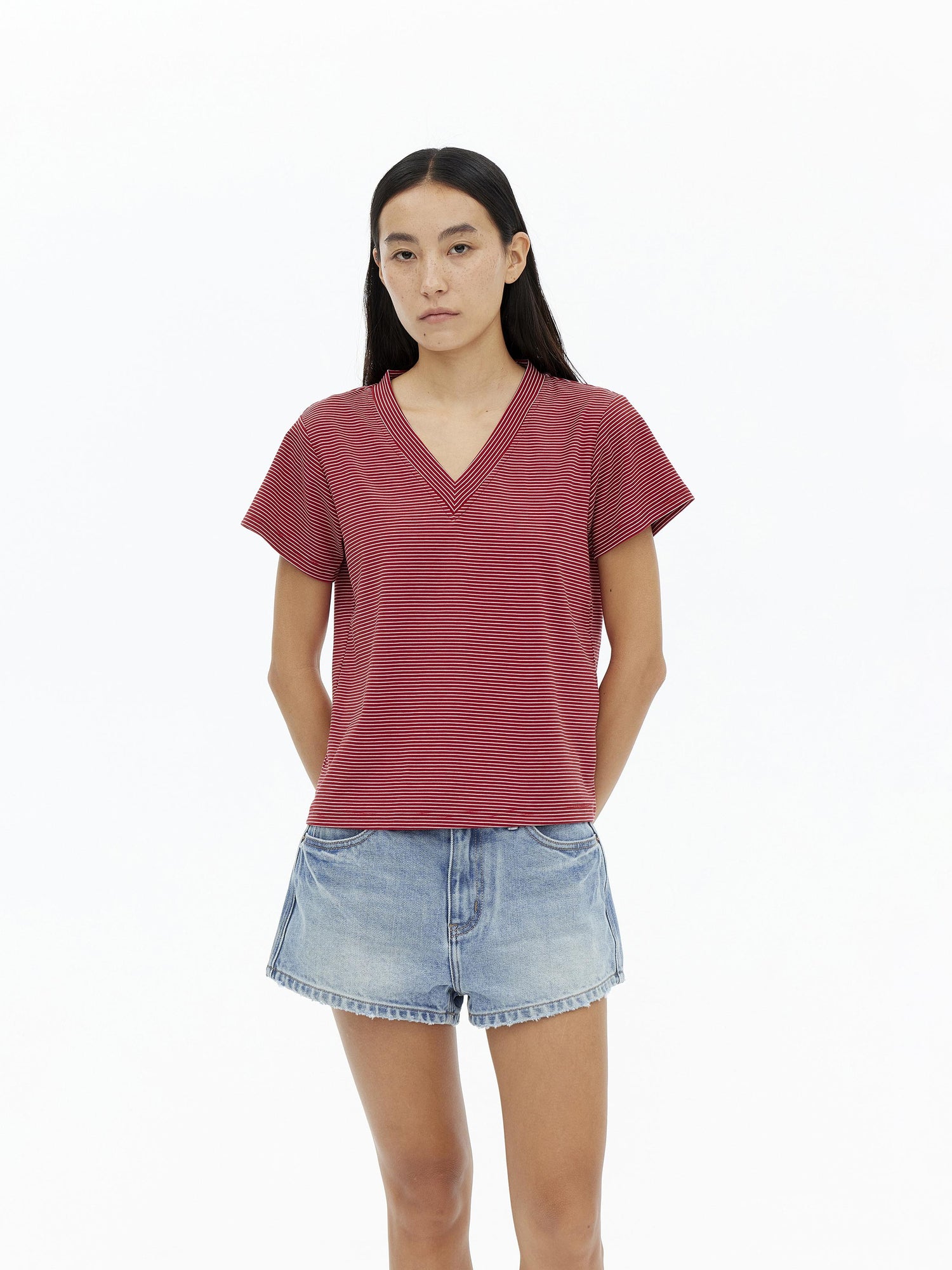 AFTADAWN V-Neck Striped Lyocell Tee
