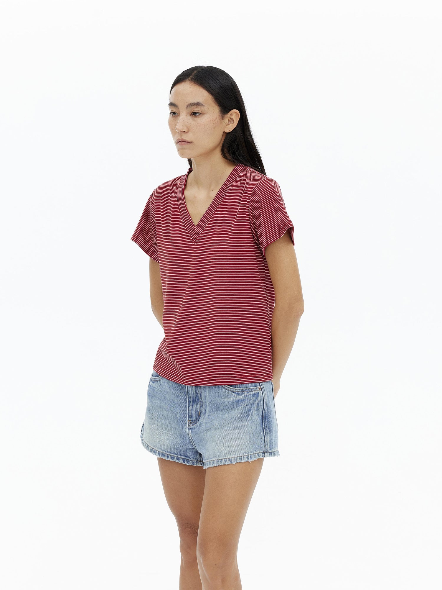 AFTADAWN V-Neck Striped Lyocell Tee