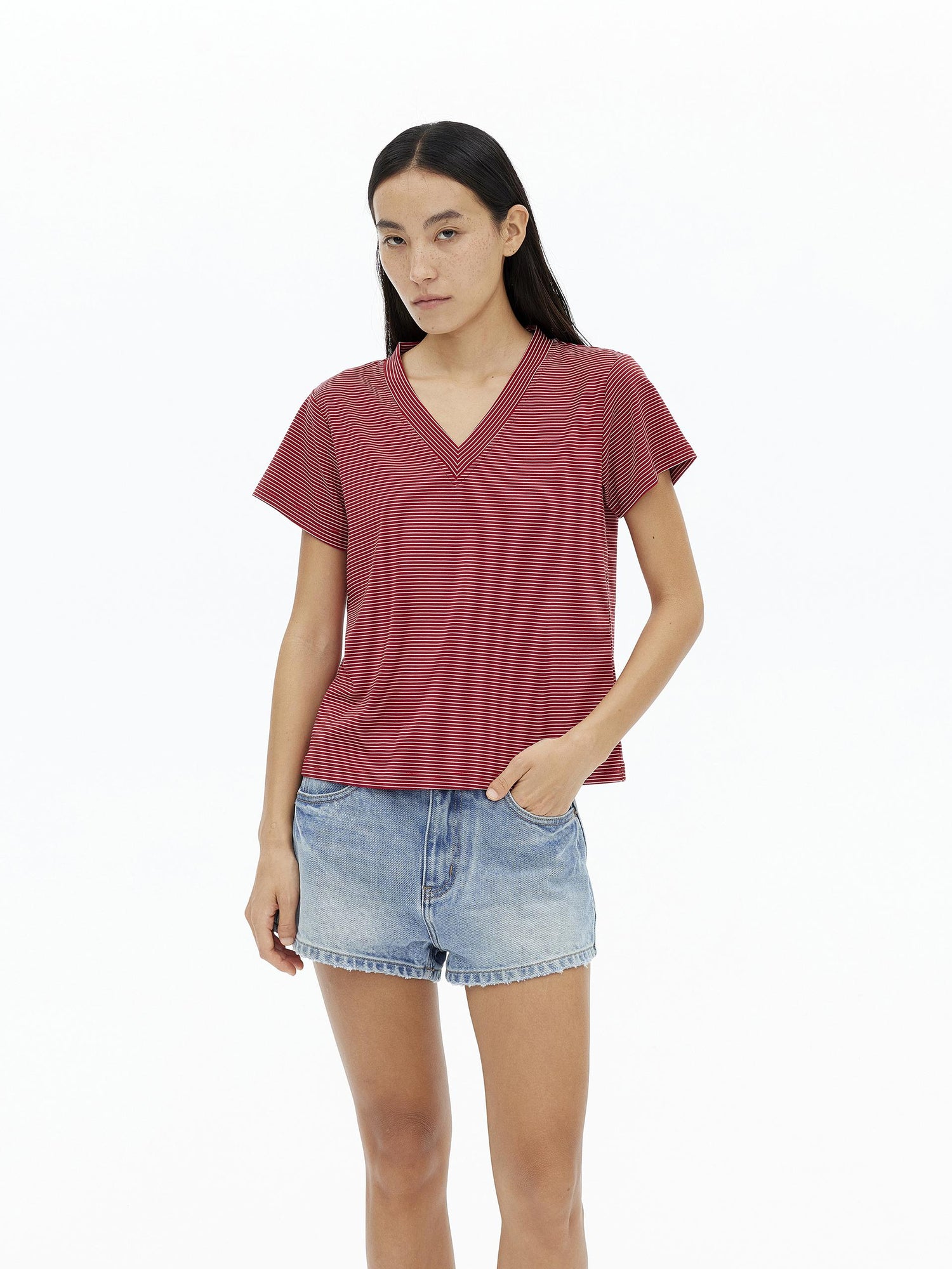 AFTADAWN V-Neck Striped Lyocell Tee