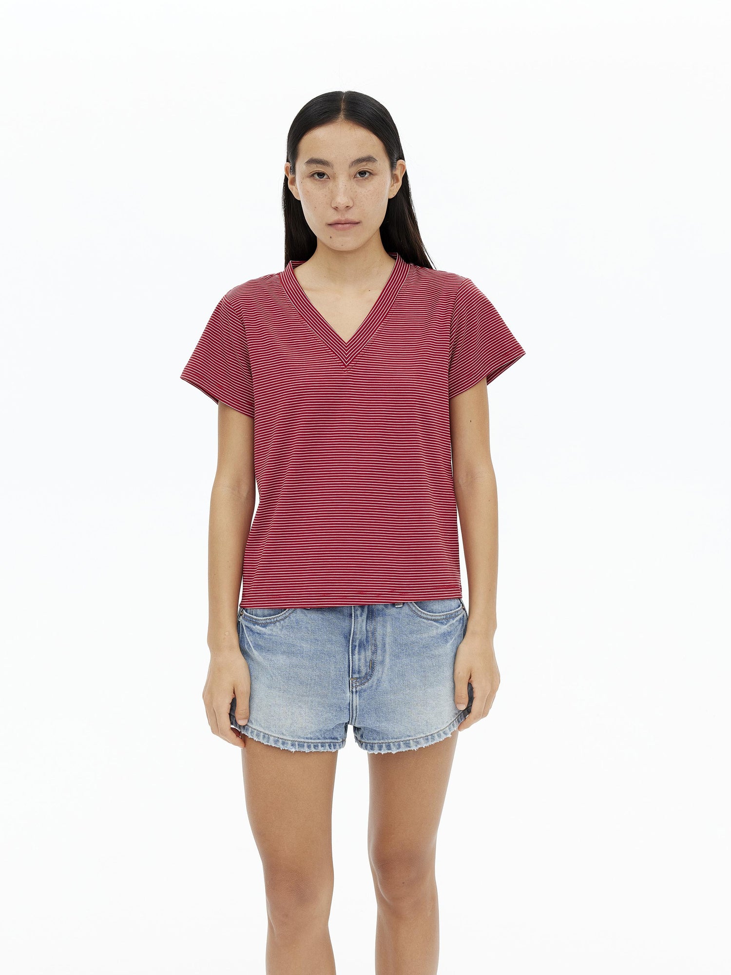 AFTADAWN V-Neck Striped Lyocell Tee