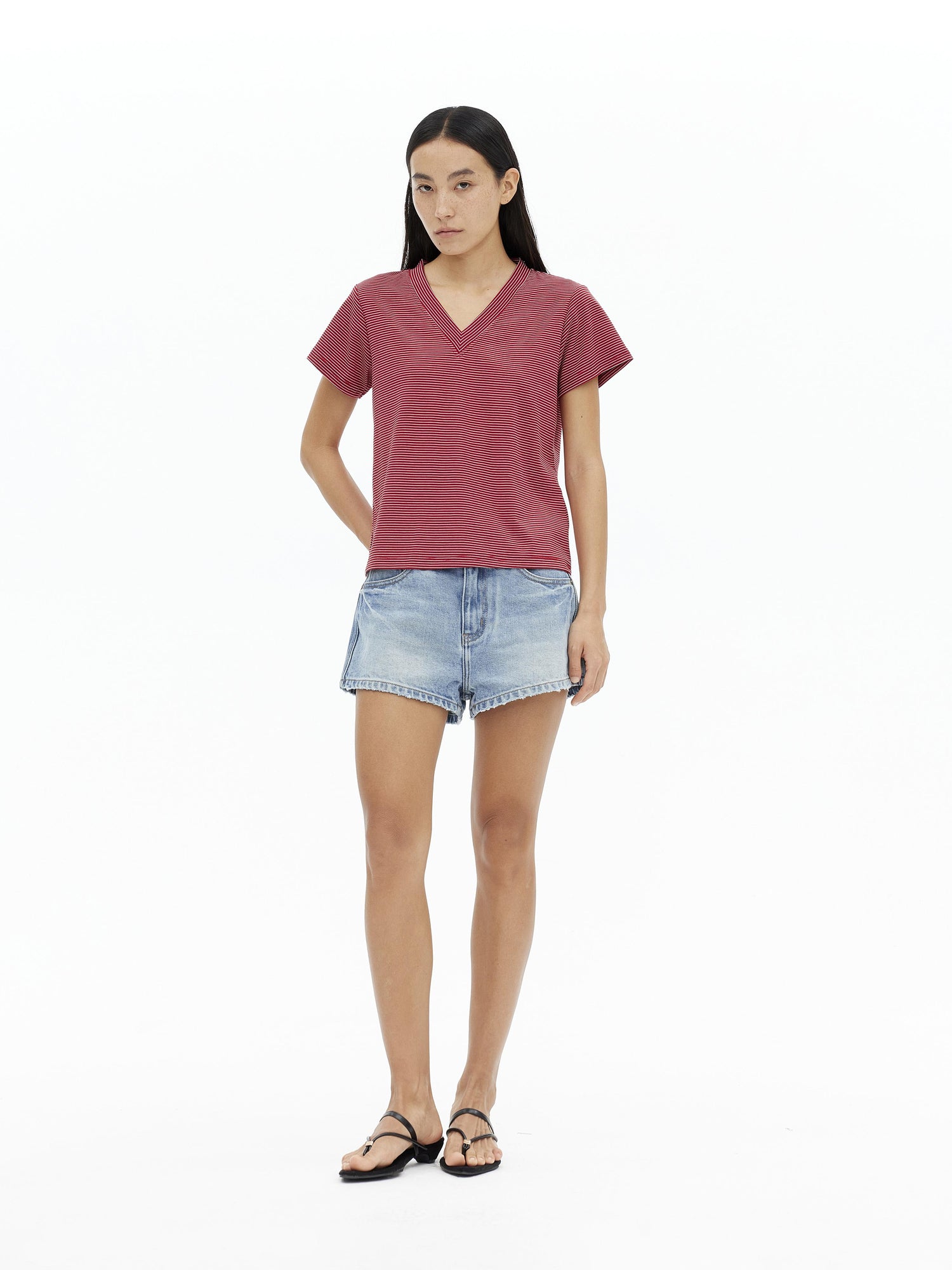 AFTADAWN V-Neck Striped Lyocell Tee