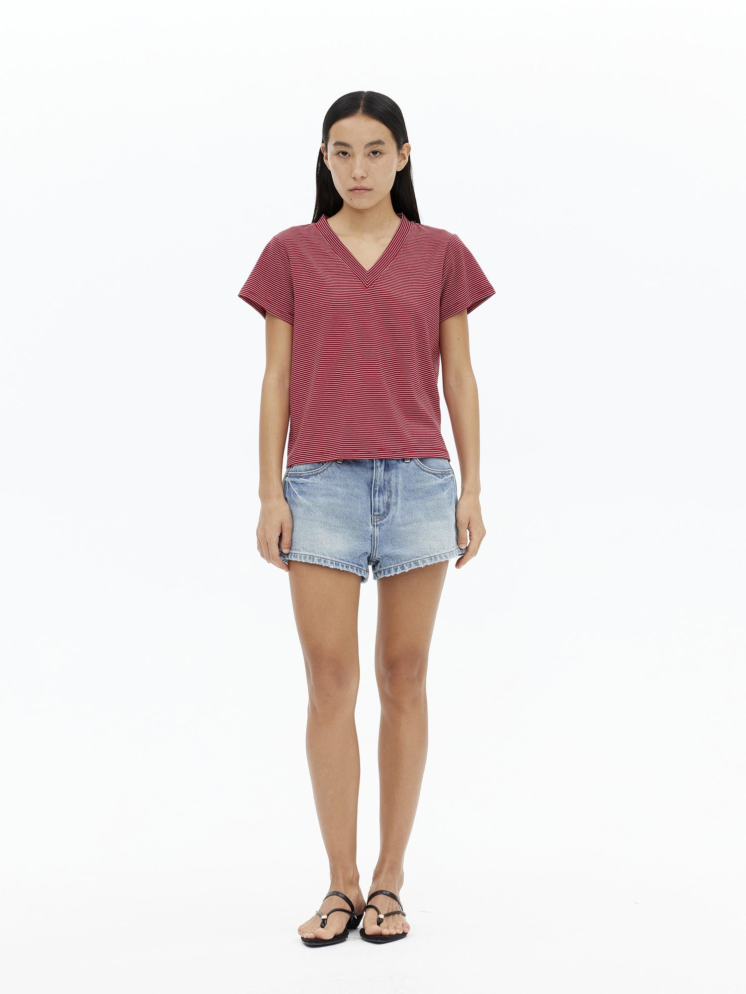 AFTADAWN V-Neck Striped Lyocell Tee