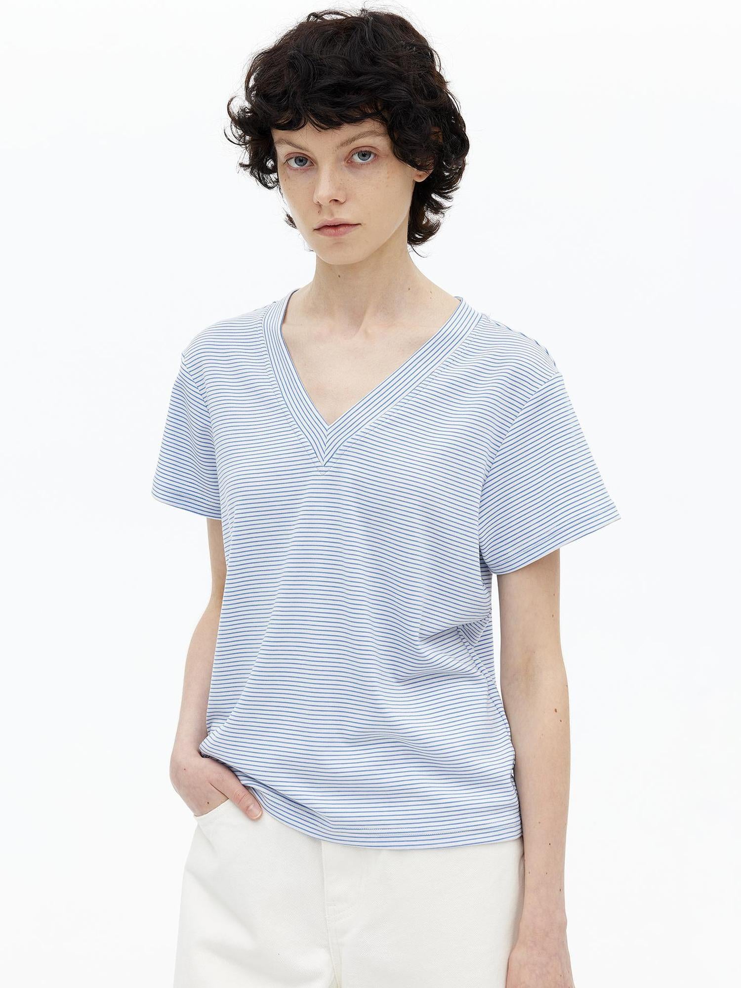 AFTADAWN V-Neck Striped Lyocell Tee