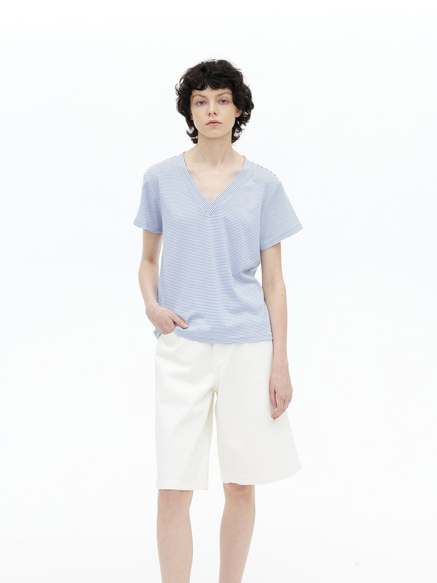 AFTADAWN V-Neck Striped Lyocell Tee