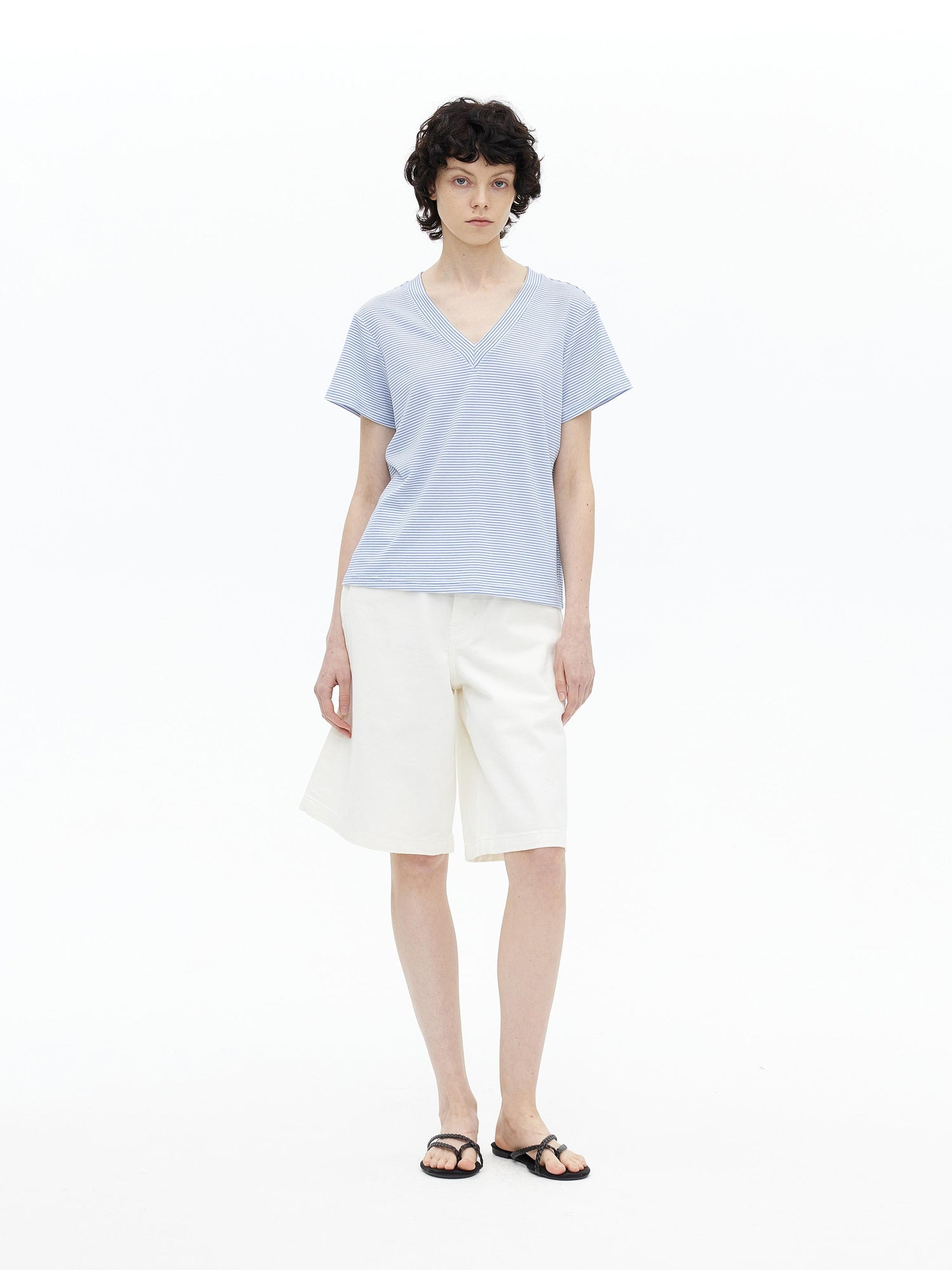 AFTADAWN V-Neck Striped Lyocell Tee