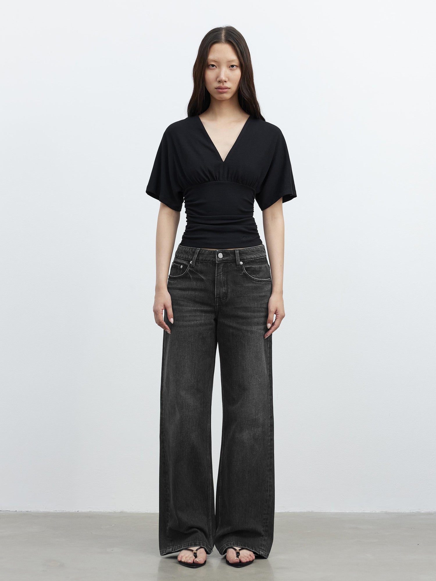 AFTADAWN V-Neck Waist-Defining Batwing Sleeve Layered T-Shirt