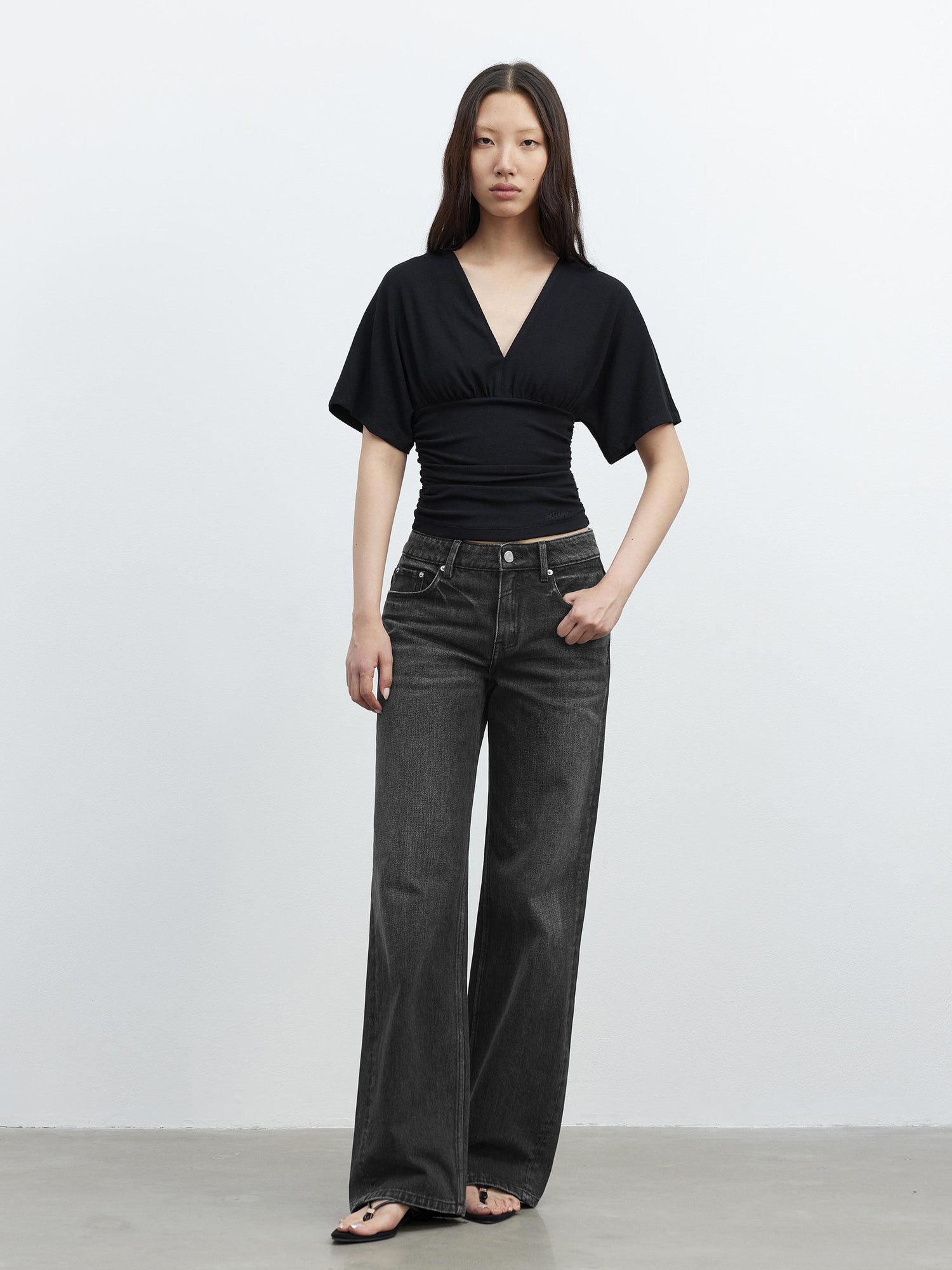 AFTADAWN V-Neck Waist-Defining Batwing Sleeve Layered T-Shirt