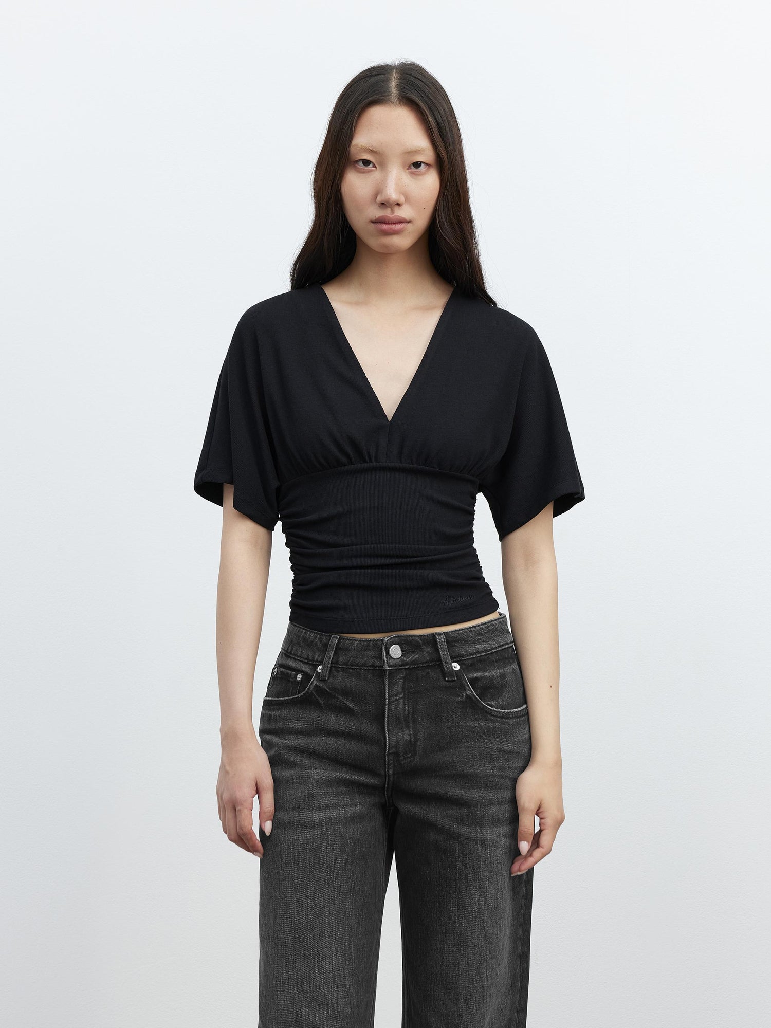 AFTADAWN V-Neck Waist-Defining Batwing Sleeve Layered T-Shirt