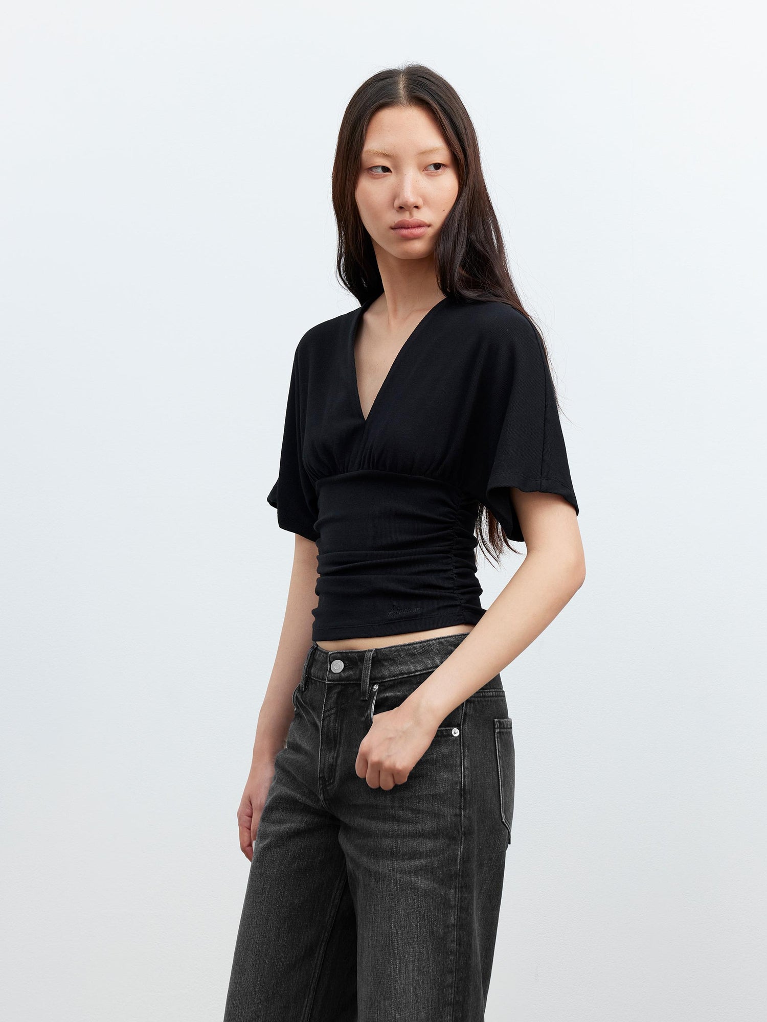 AFTADAWN V-Neck Waist-Defining Batwing Sleeve Layered T-Shirt