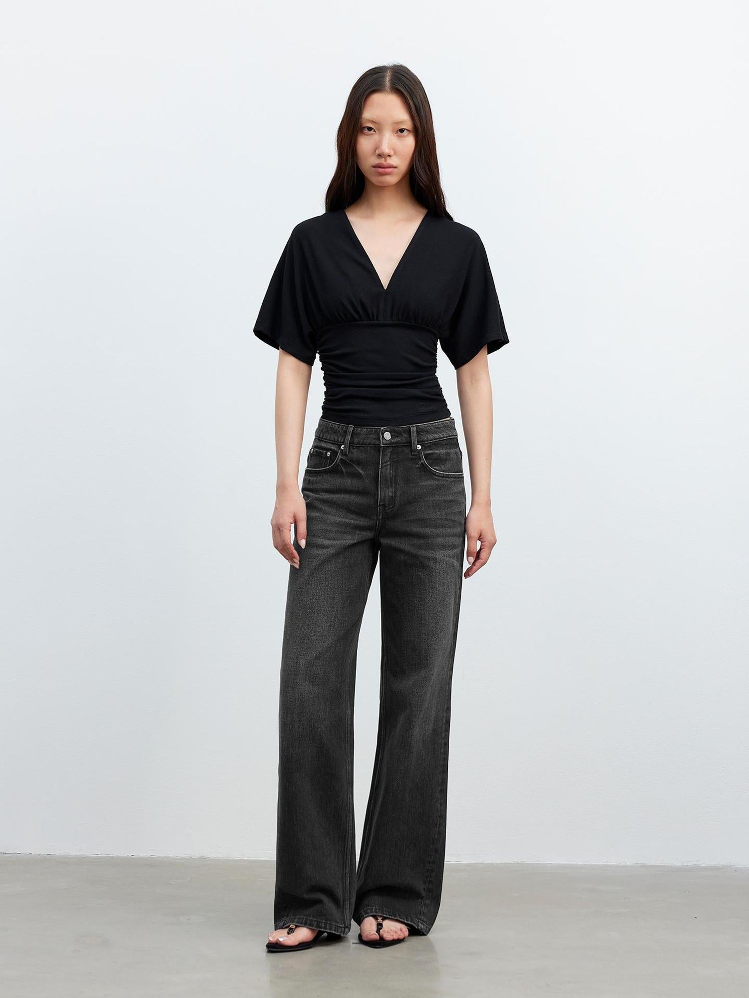 AFTADAWN V-Neck Waist-Defining Batwing Sleeve Layered T-Shirt