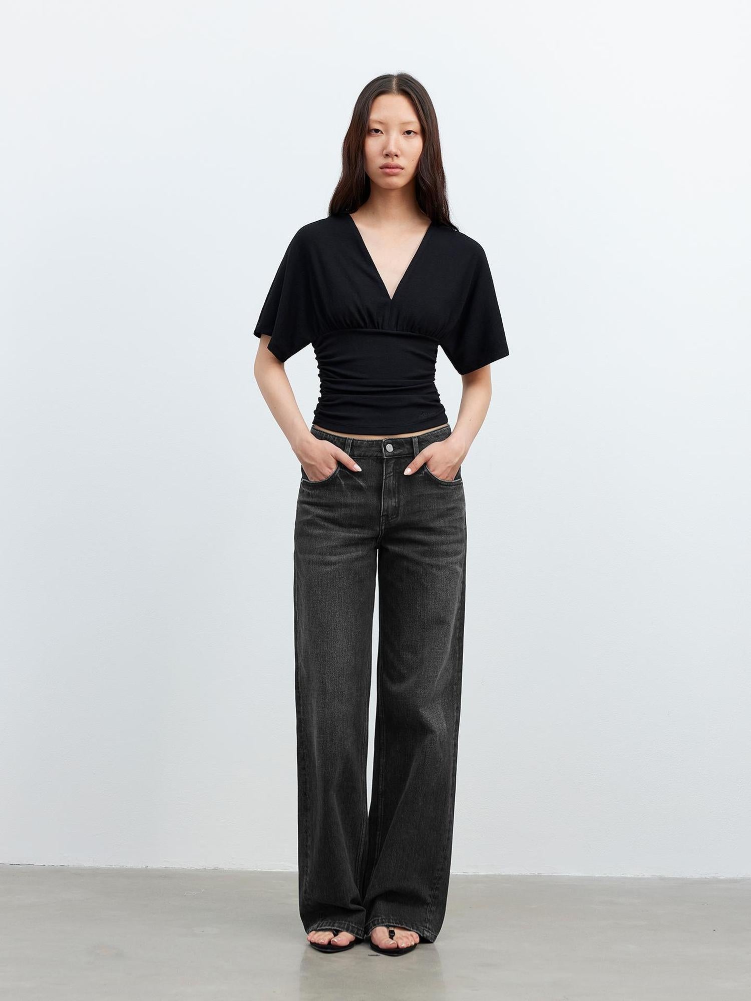 AFTADAWN V-Neck Waist-Defining Batwing Sleeve Layered T-Shirt