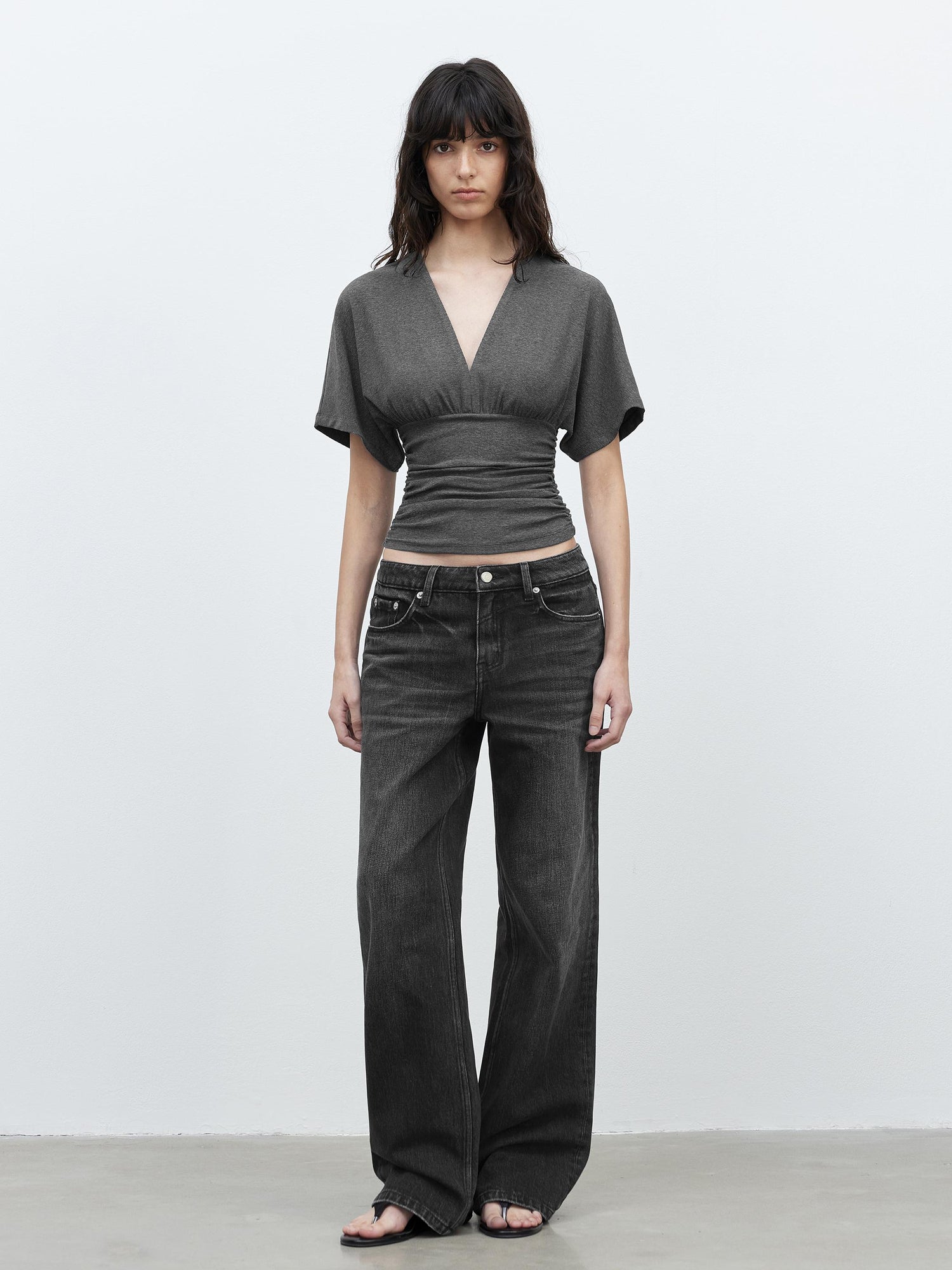 AFTADAWN V-Neck Waist-Defining Batwing Sleeve Layered T-Shirt