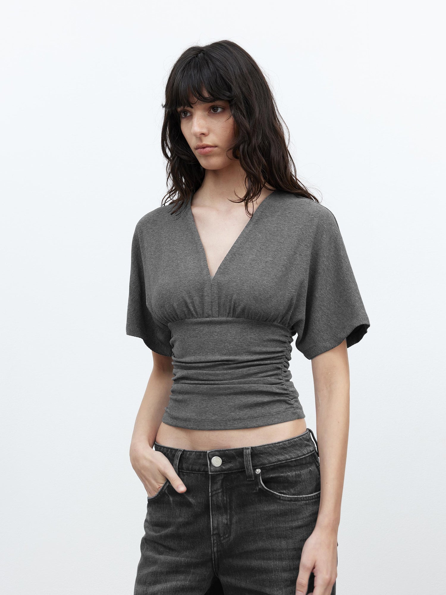 AFTADAWN V-Neck Waist-Defining Batwing Sleeve Layered T-Shirt