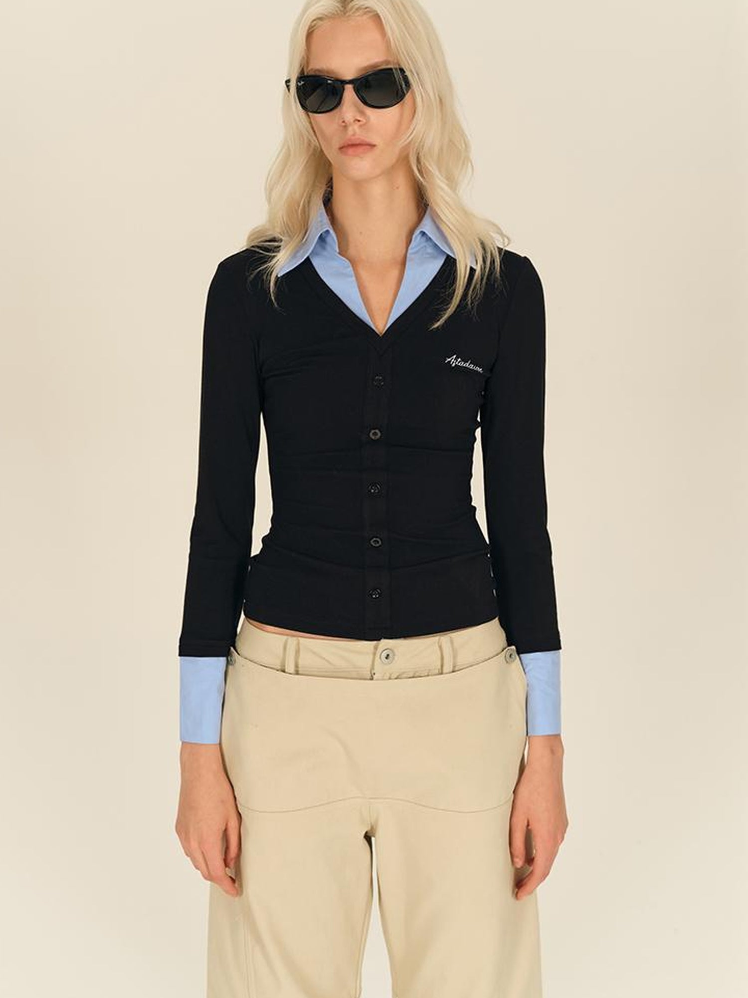 AFTADAWN V-neck Layered Knit Top With Rayon Blend