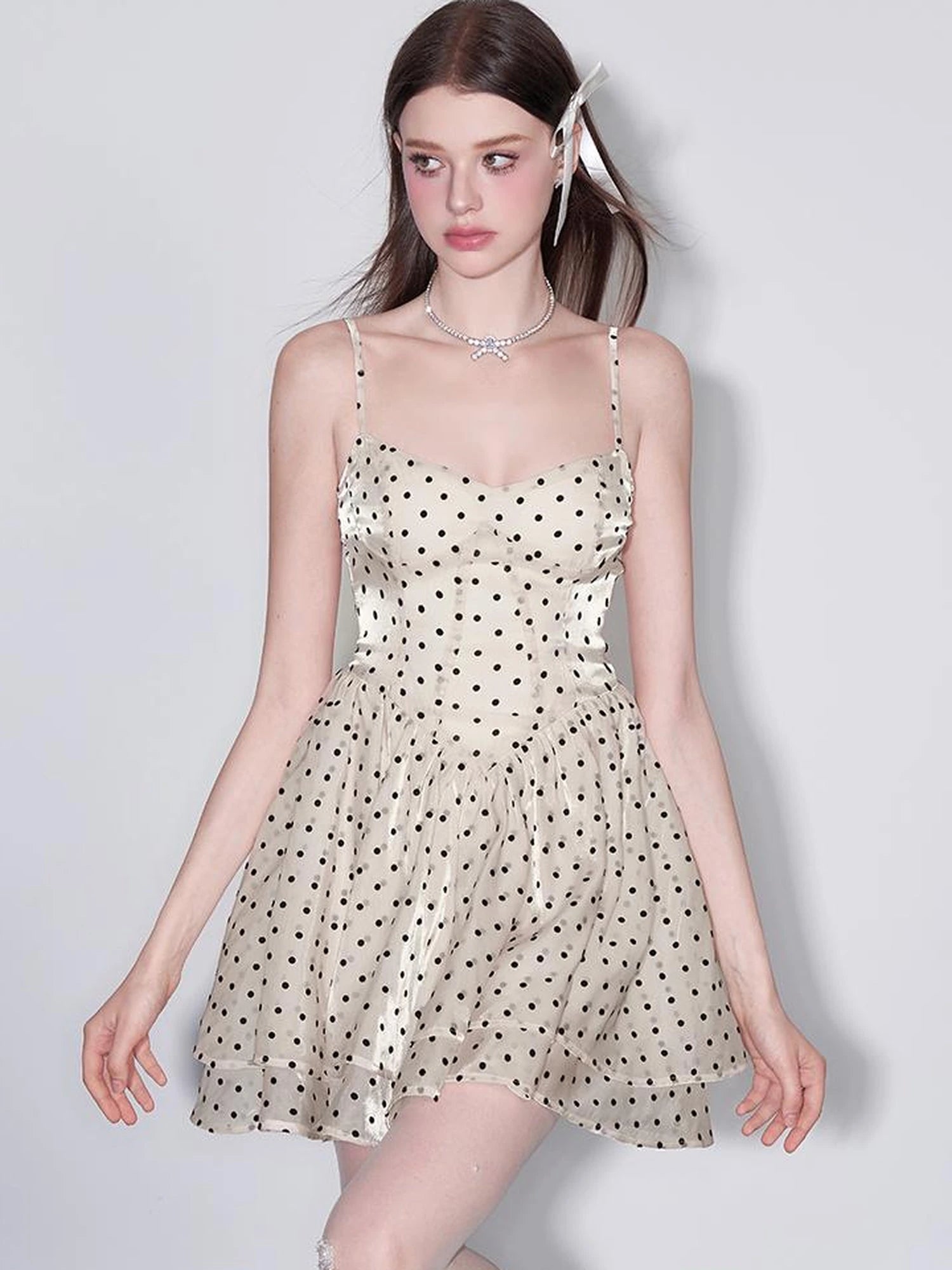 V Waist Flocked Dot Sheer Mesh Dress