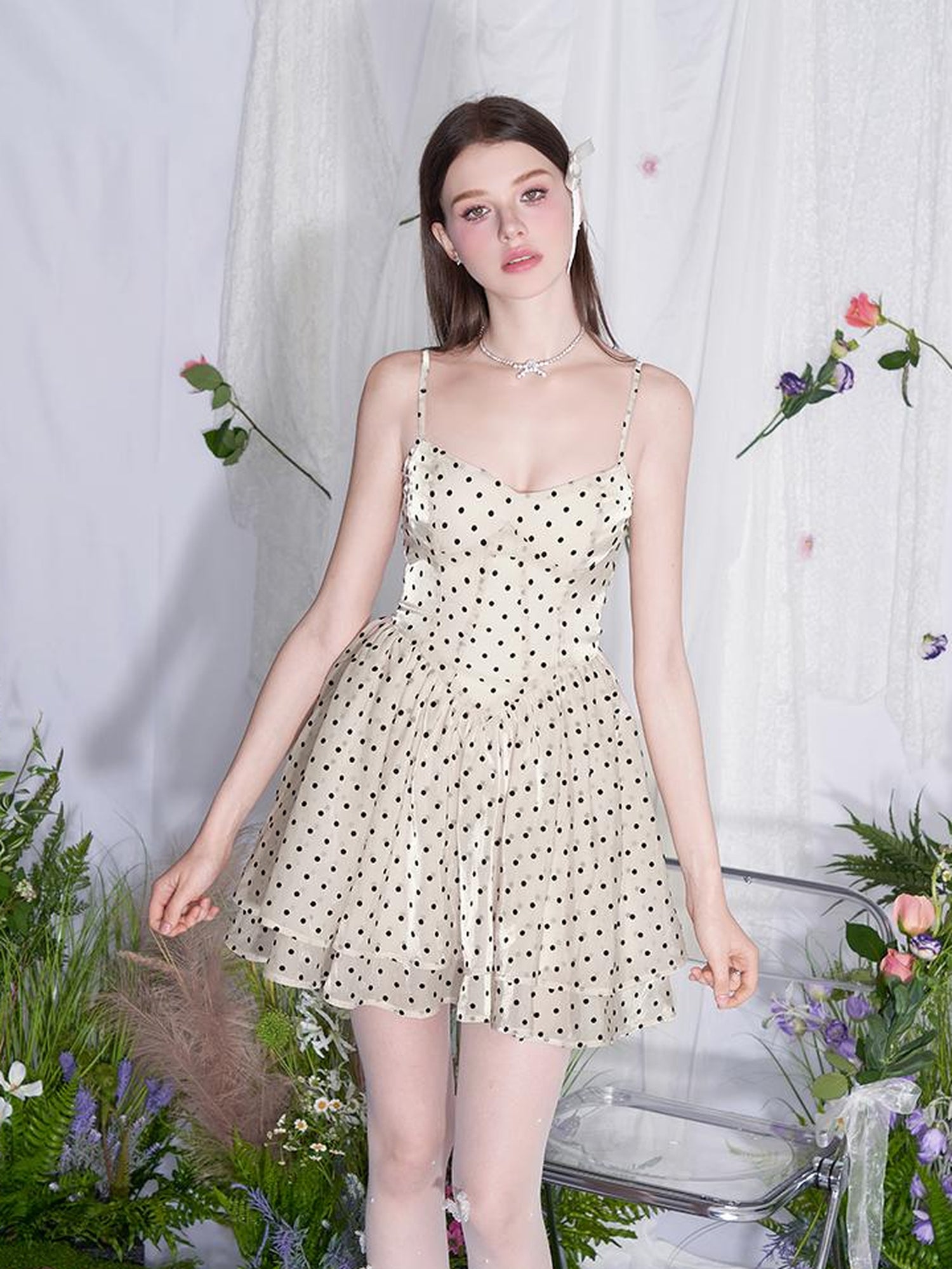 AFTADAWN V Waist Flocked Dot Sheer Mesh Dress