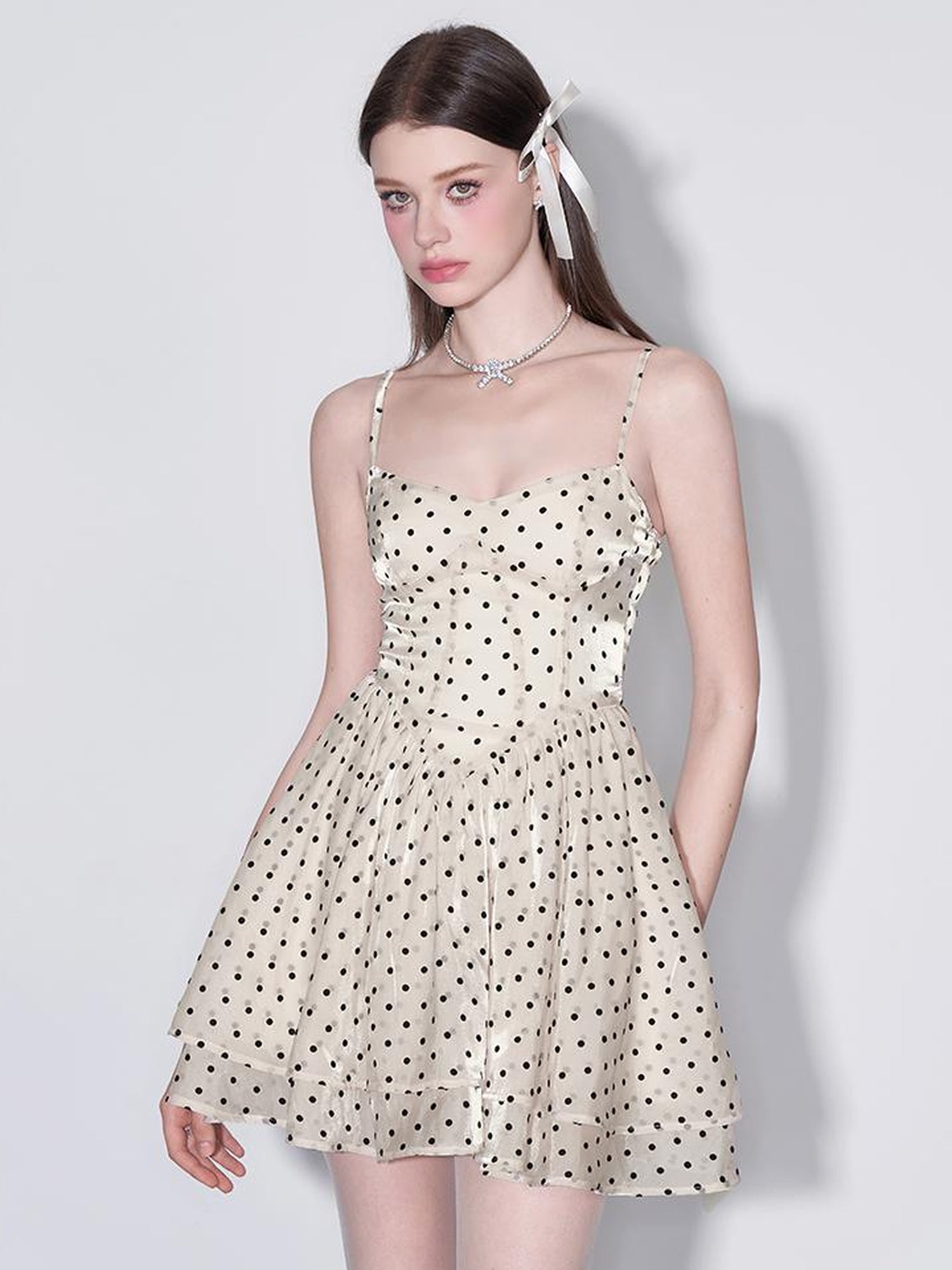 AFTADAWN V Waist Flocked Dot Sheer Mesh Dress