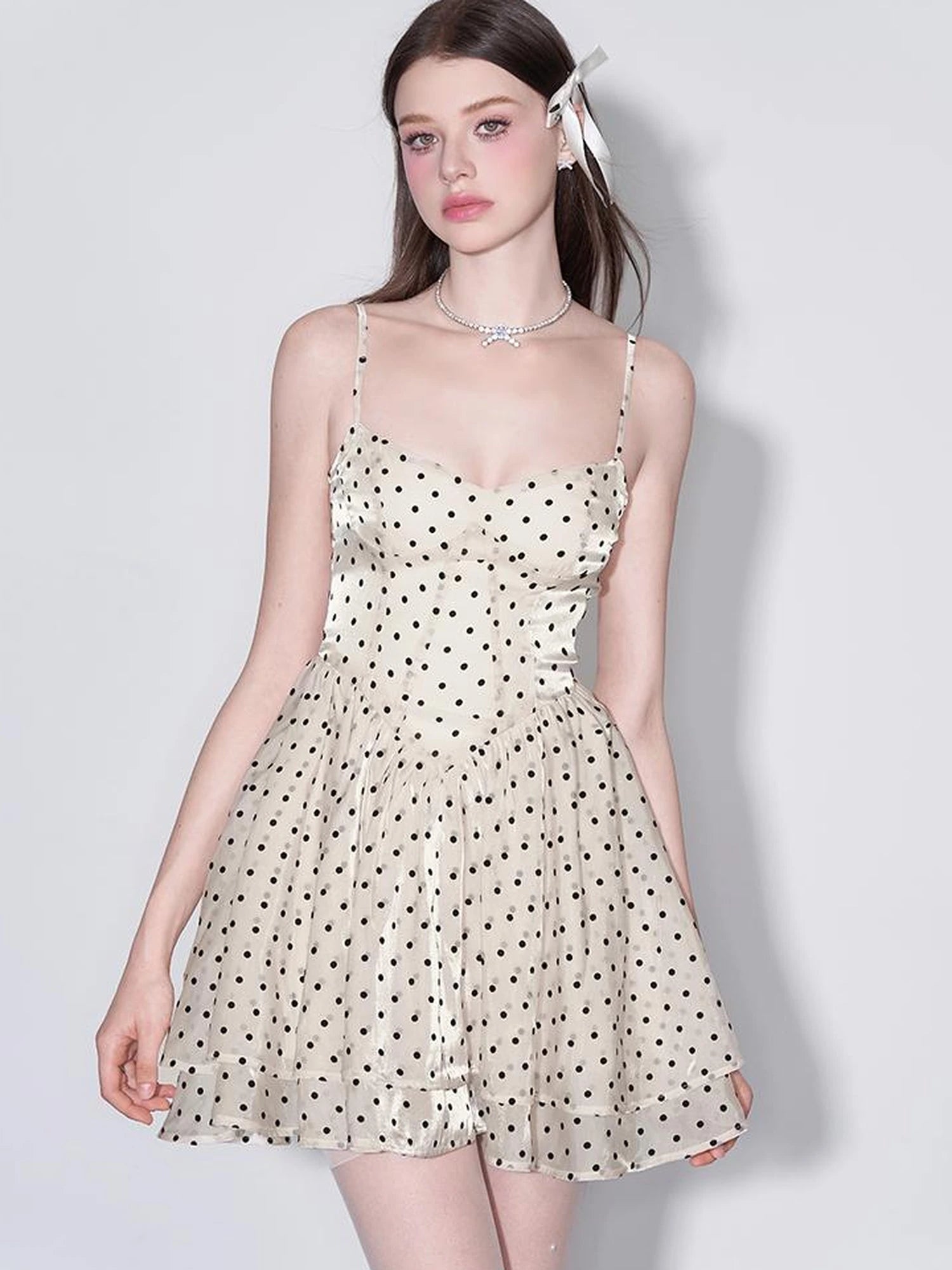 V Waist Flocked Dot Sheer Mesh Dress
