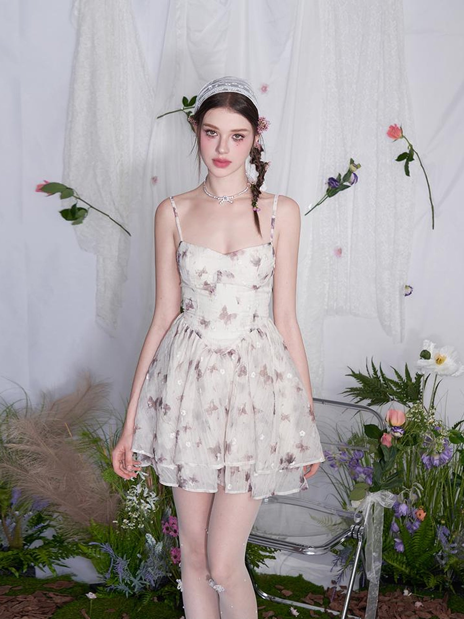 AFTADAWN V Waist Floral Embroidered Watercolor Print Flowing Gown