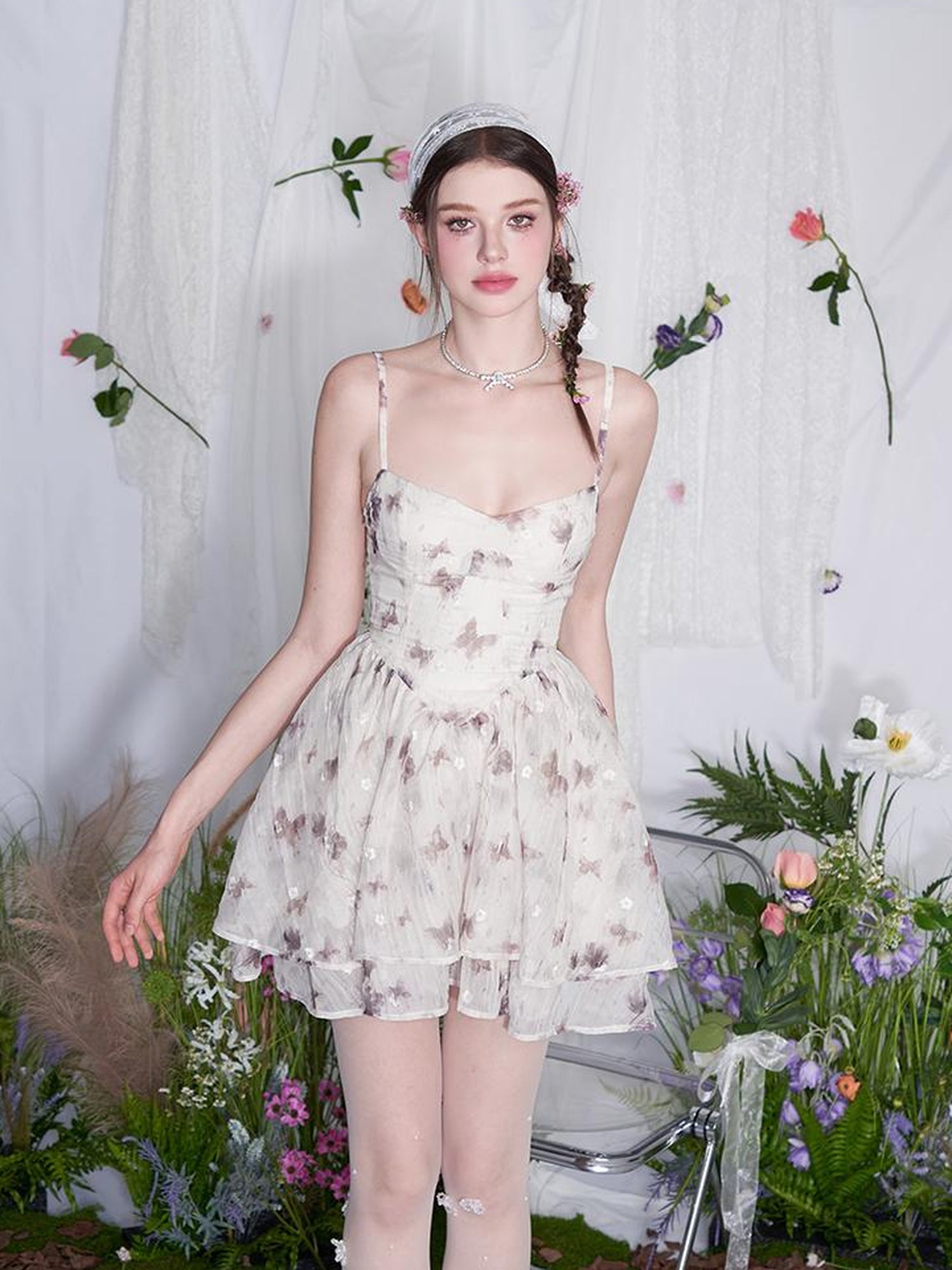 AFTADAWN V Waist Floral Embroidered Watercolor Print Flowing Gown