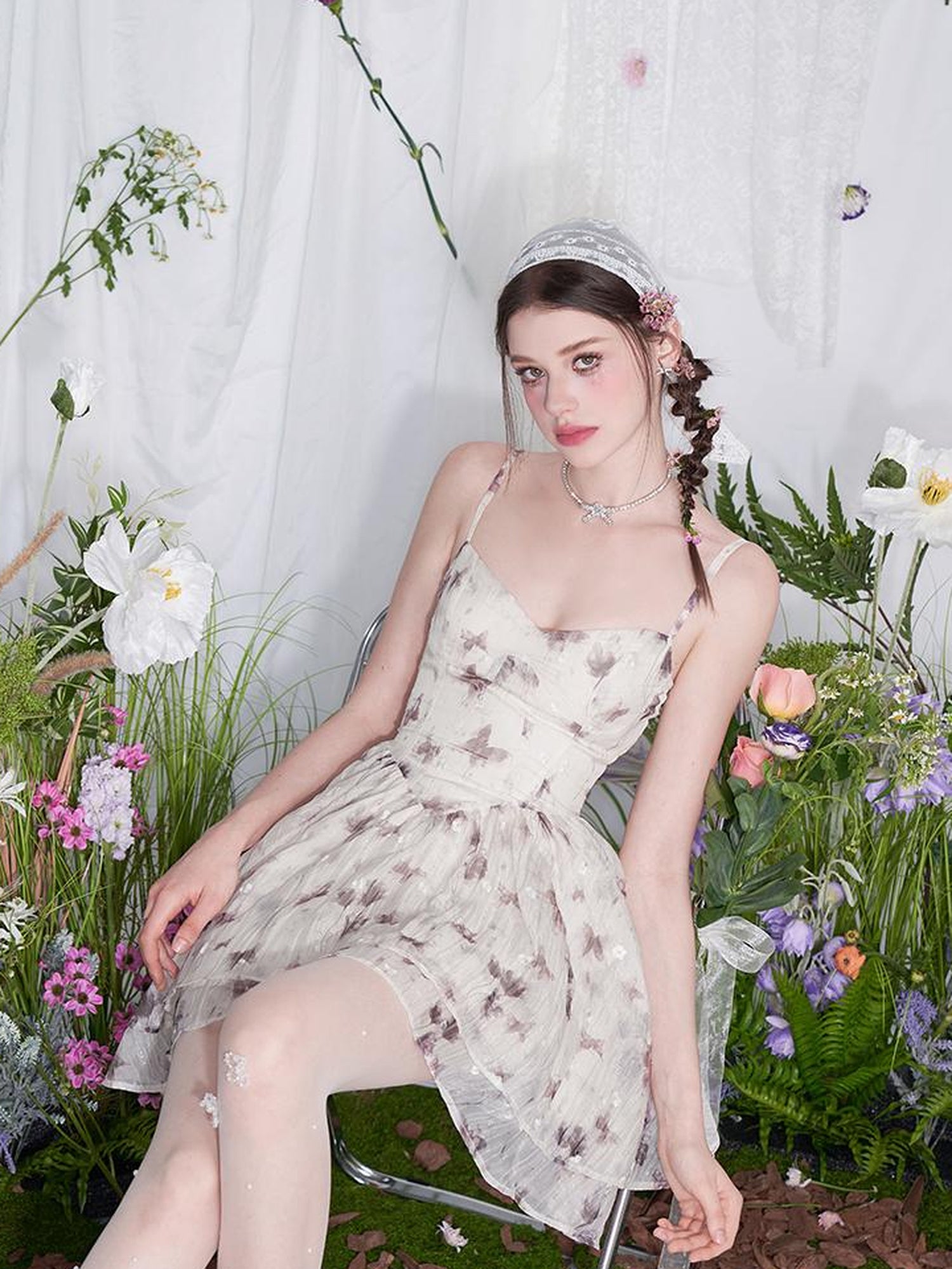 AFTADAWN V Waist Floral Embroidered Watercolor Print Flowing Gown