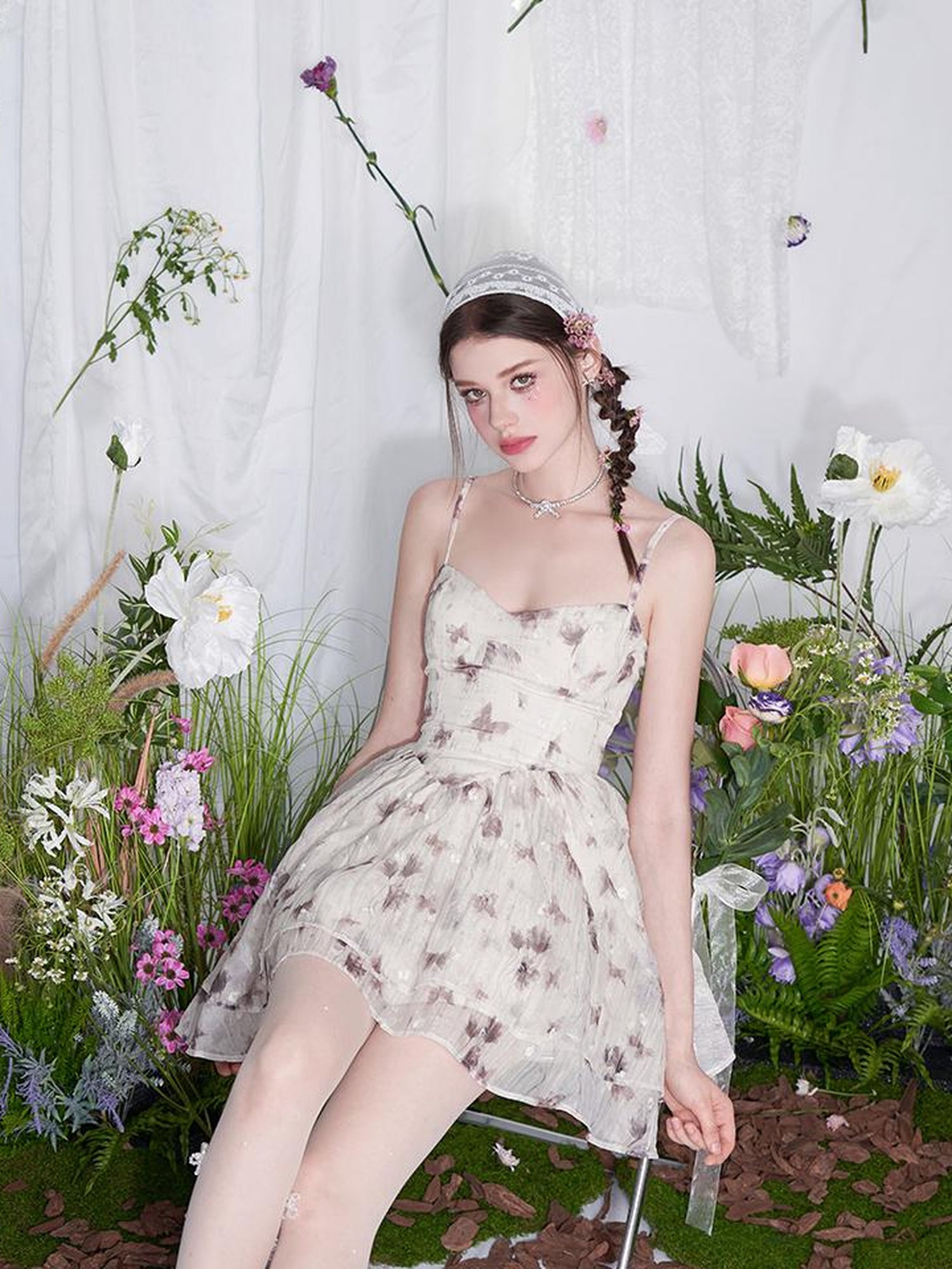 AFTADAWN V Waist Floral Embroidered Watercolor Print Flowing Gown