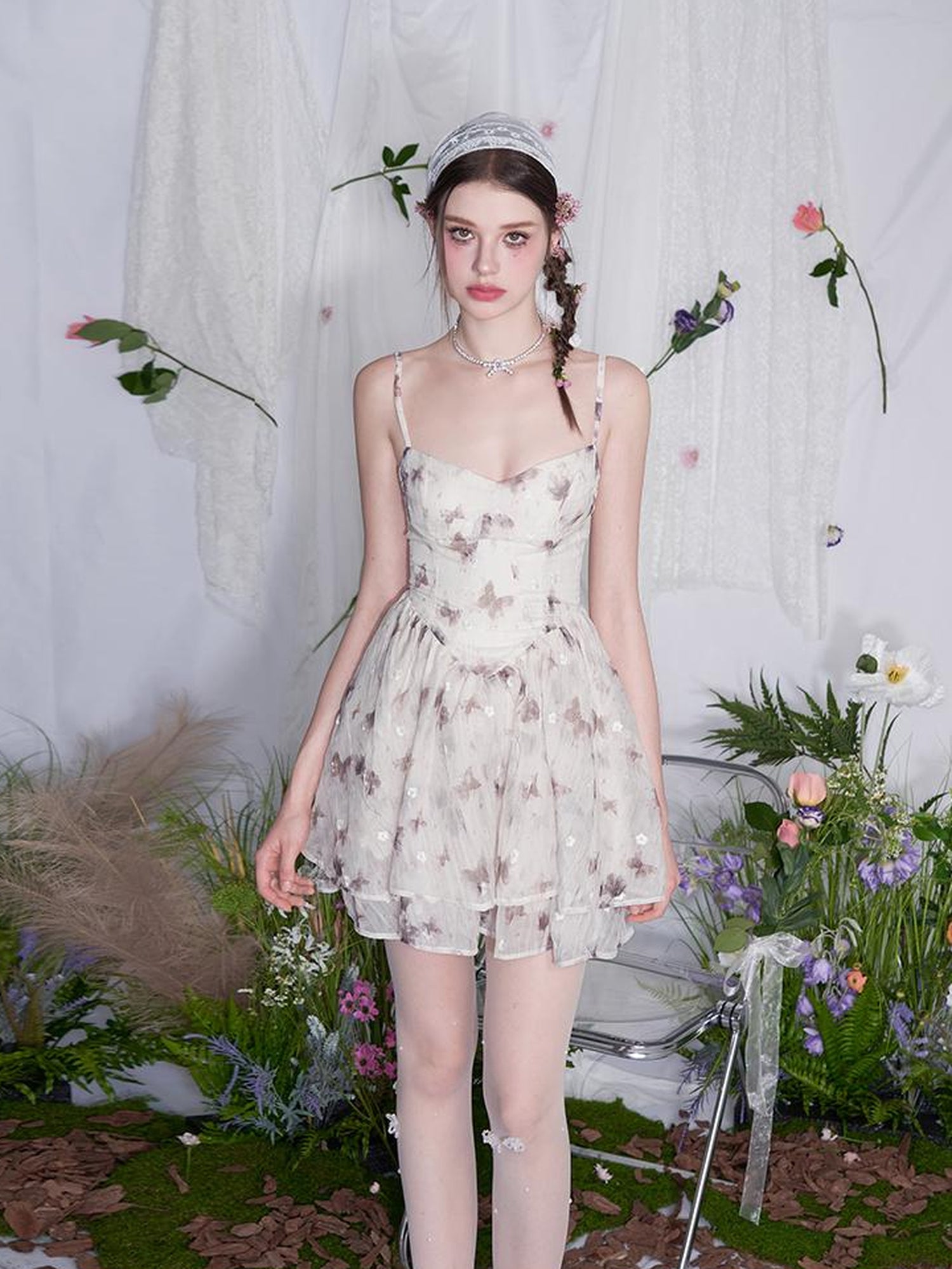 AFTADAWN V Waist Floral Embroidered Watercolor Print Flowing Gown