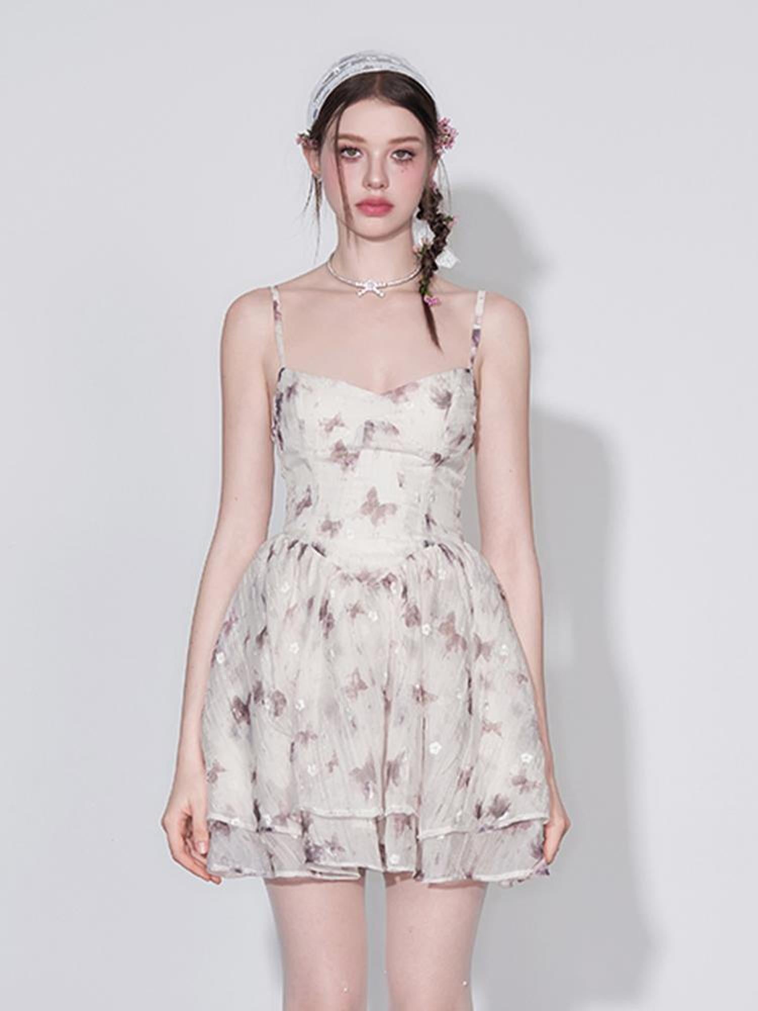 AFTADAWN V Waist Floral Embroidered Watercolor Print Flowing Gown