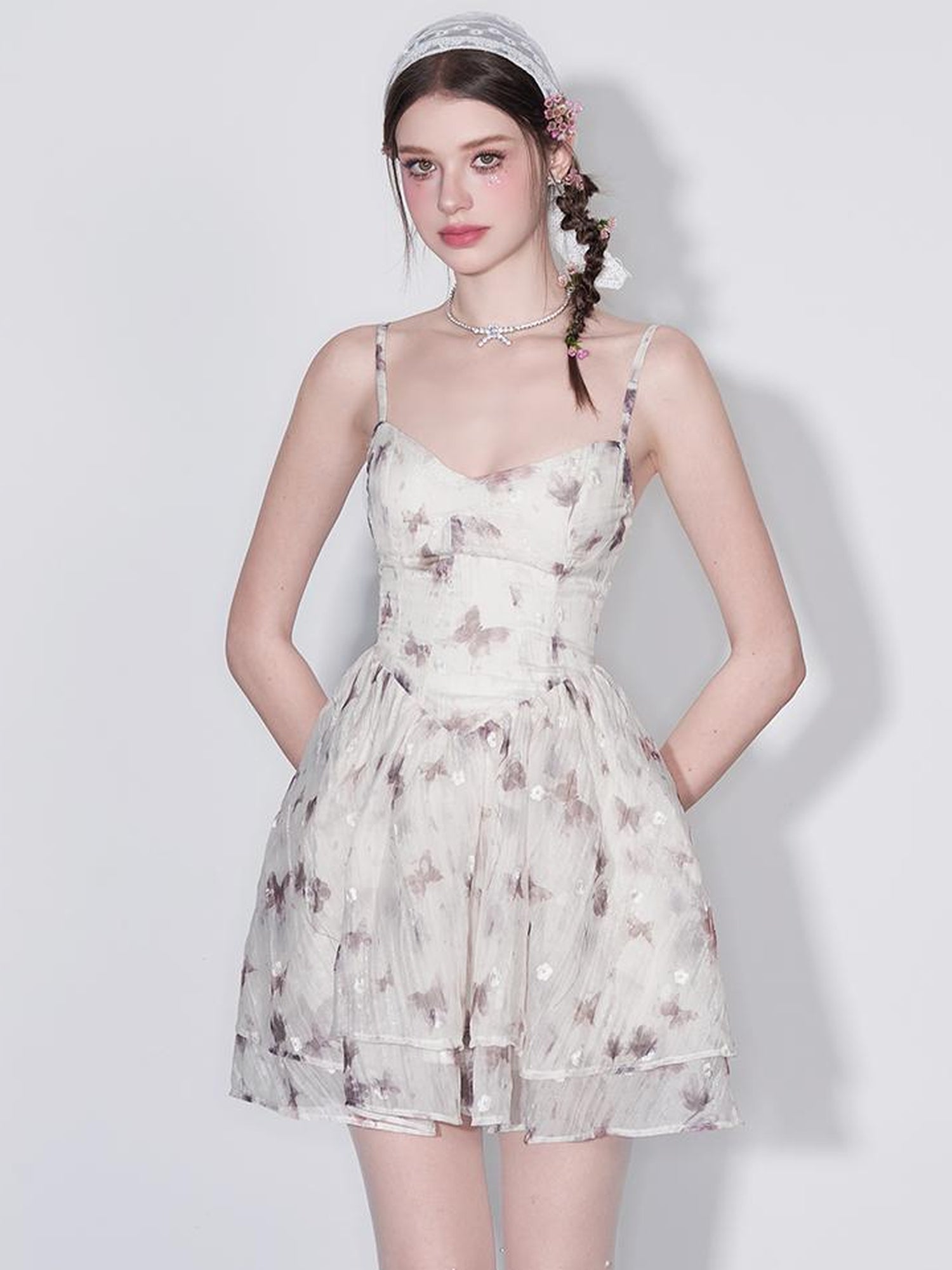 AFTADAWN V Waist Floral Embroidered Watercolor Print Flowing Gown