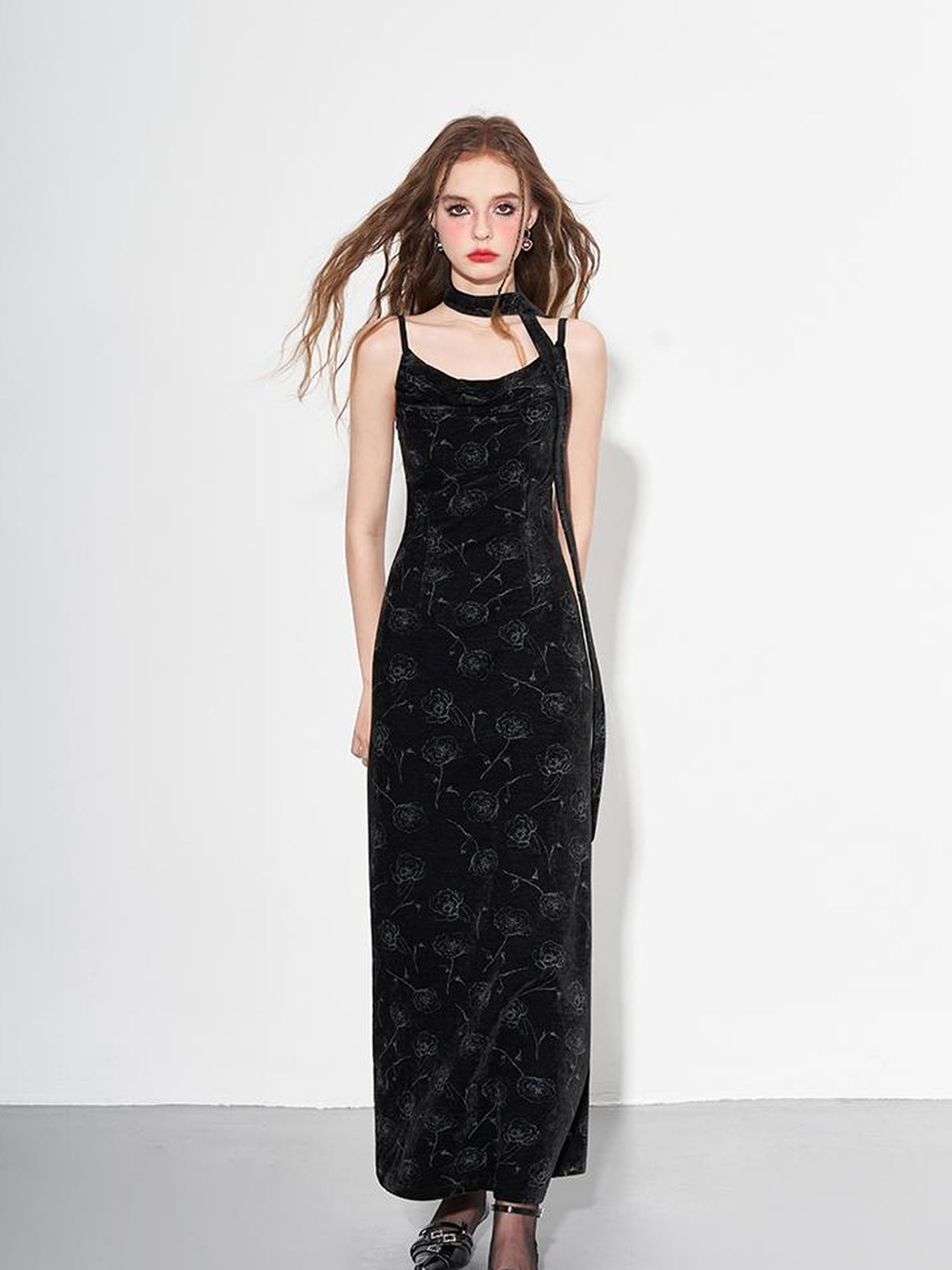 AFTADAWN Velvet Rose Draped Neckline Slip Maxi Dress With Scarf