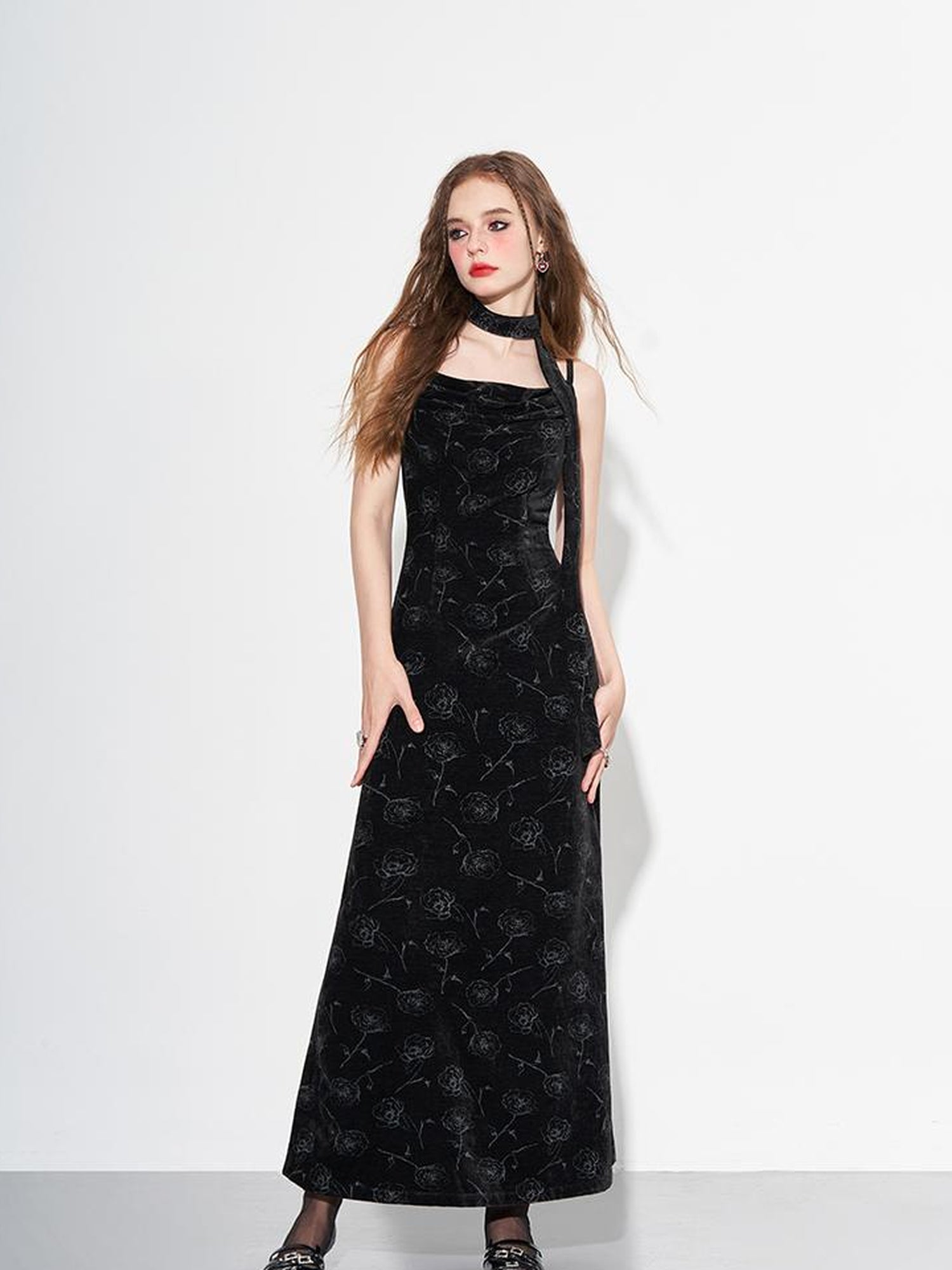 AFTADAWN Velvet Rose Draped Neckline Slip Maxi Dress With Scarf