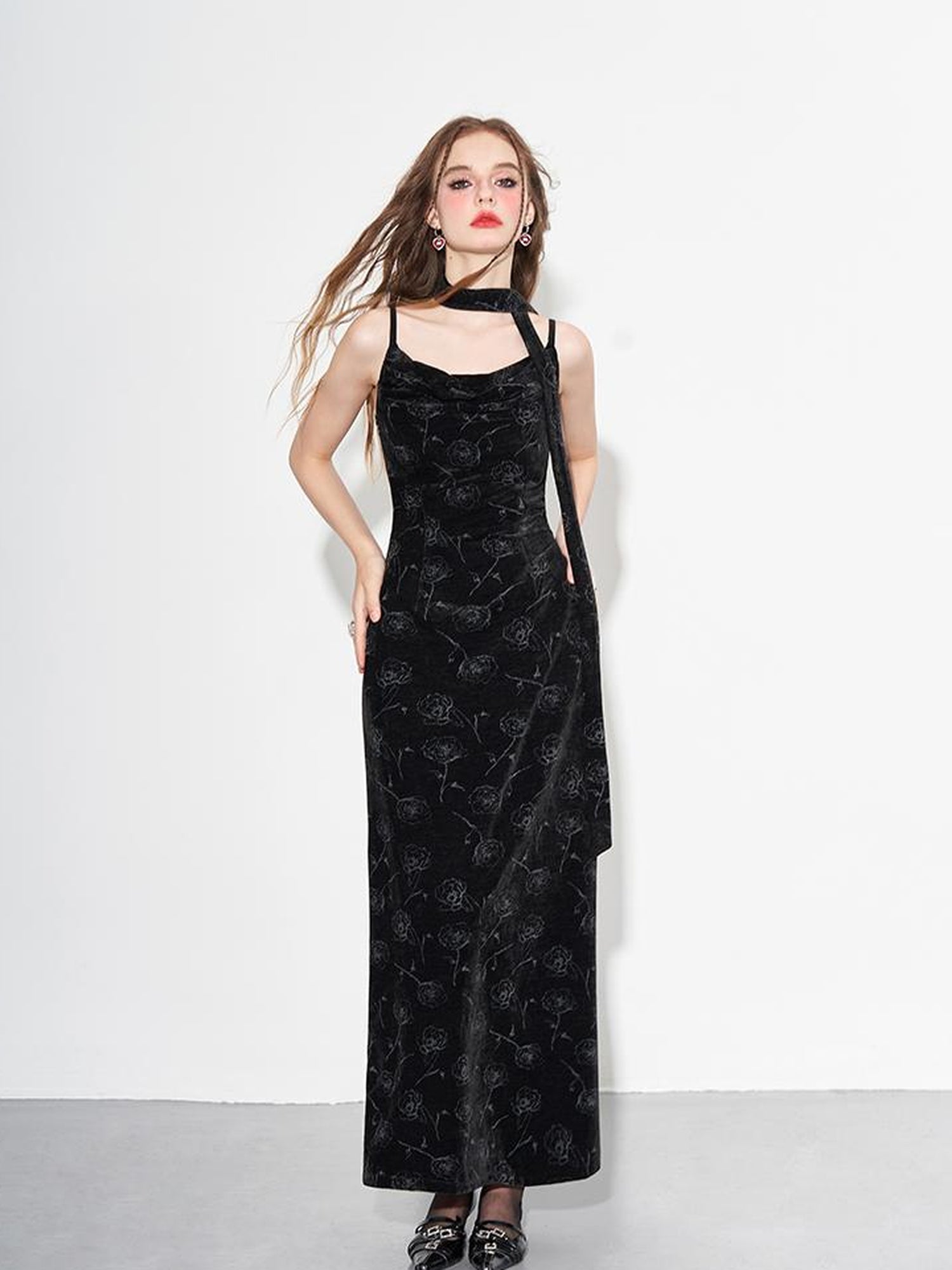 AFTADAWN Velvet Rose Draped Neckline Slip Maxi Dress With Scarf