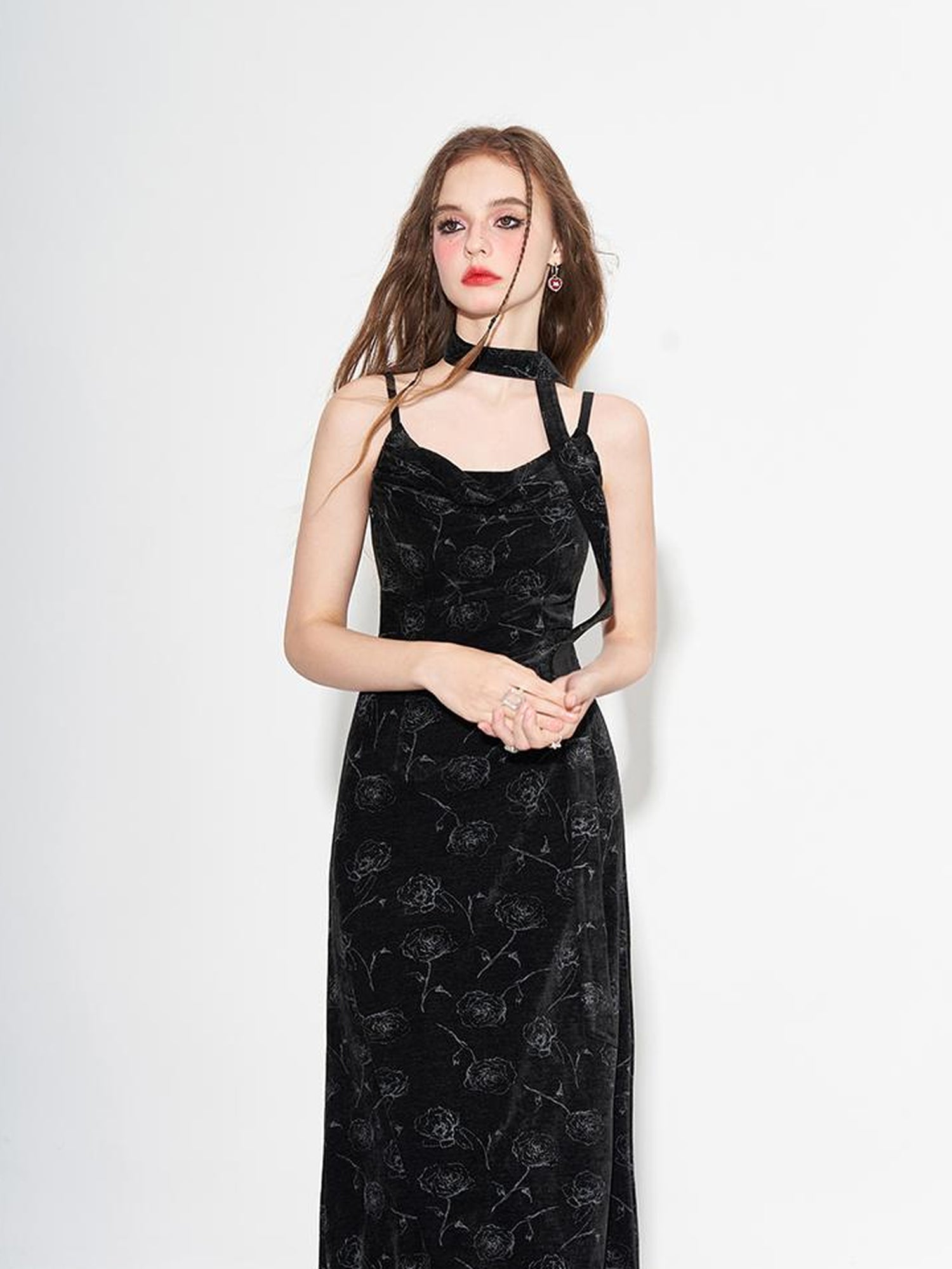 AFTADAWN Velvet Rose Draped Neckline Slip Maxi Dress With Scarf