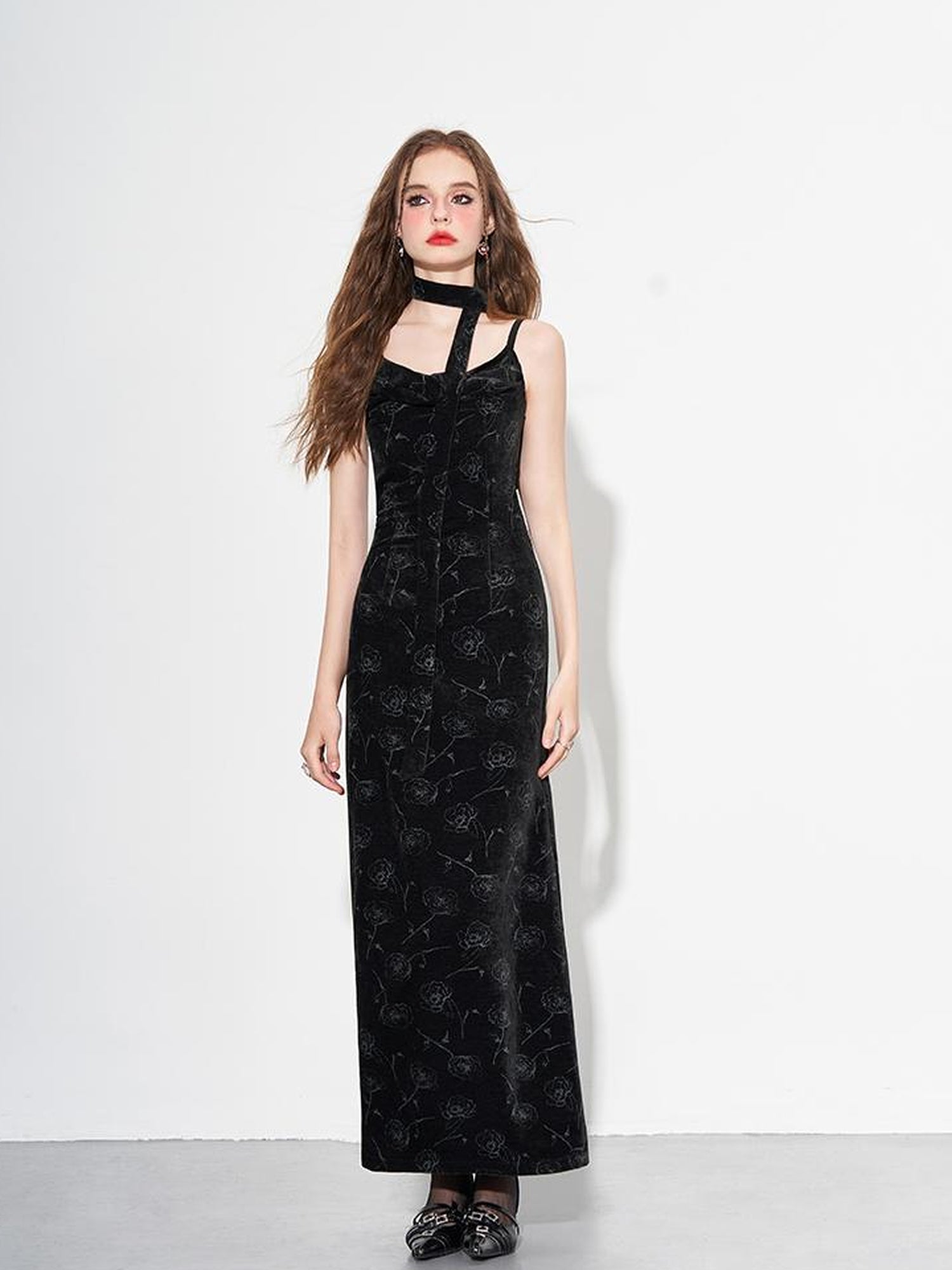 AFTADAWN Velvet Rose Draped Neckline Slip Maxi Dress With Scarf